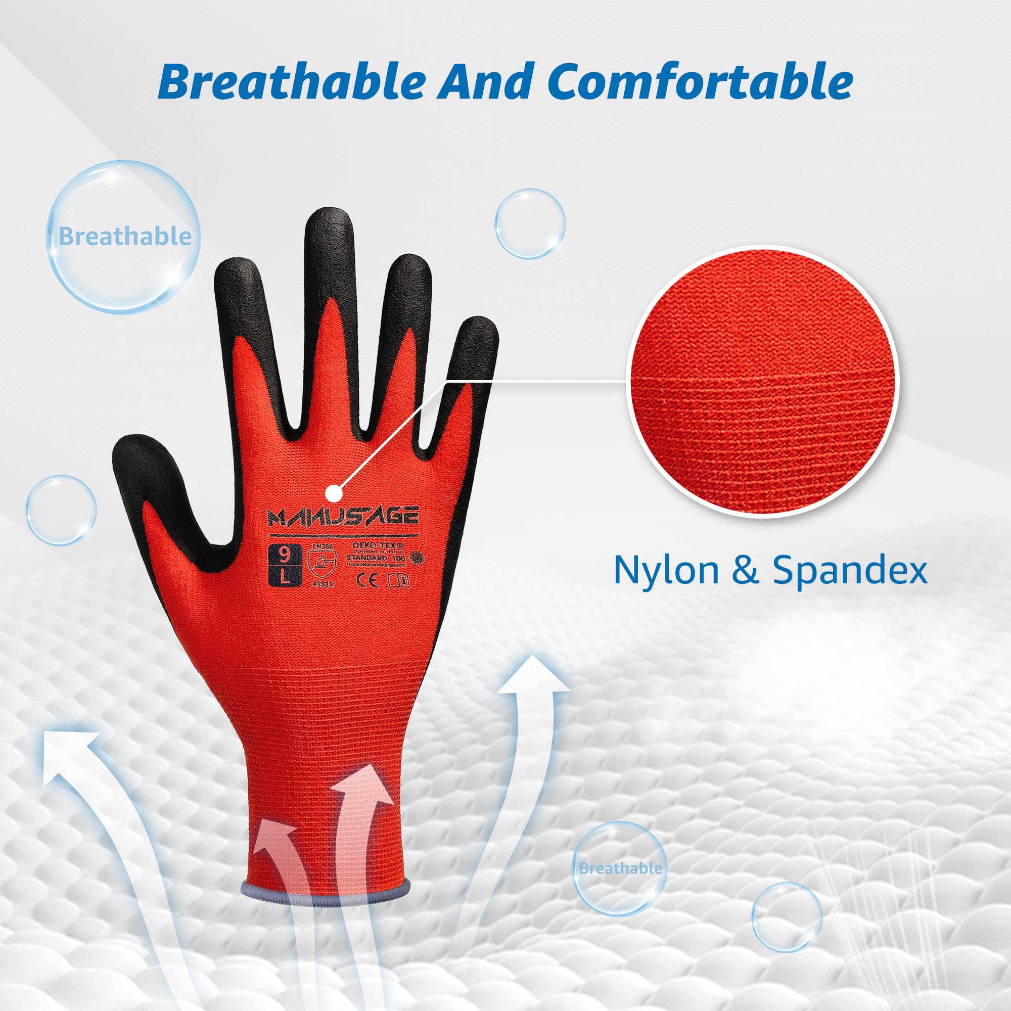 Manusage Guantes de trabajo con revestimiento de nitrilo de microespuma, 3 pares, guantes de nailon de punto sin costuras para hombres y mujeres, pantalla táctil, ligeros, cómodos, color rojo, talla M