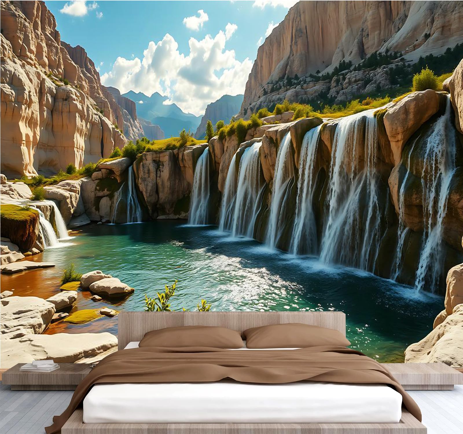 Carta da parati effetto 3D Cascata Montagna 300 x 210 cm Murale Non Tessuto Natura Paesaggio Fotomurale Stampa HD Moderna Poster Per Soggiorno E Camera Da Letto Design 2M1844