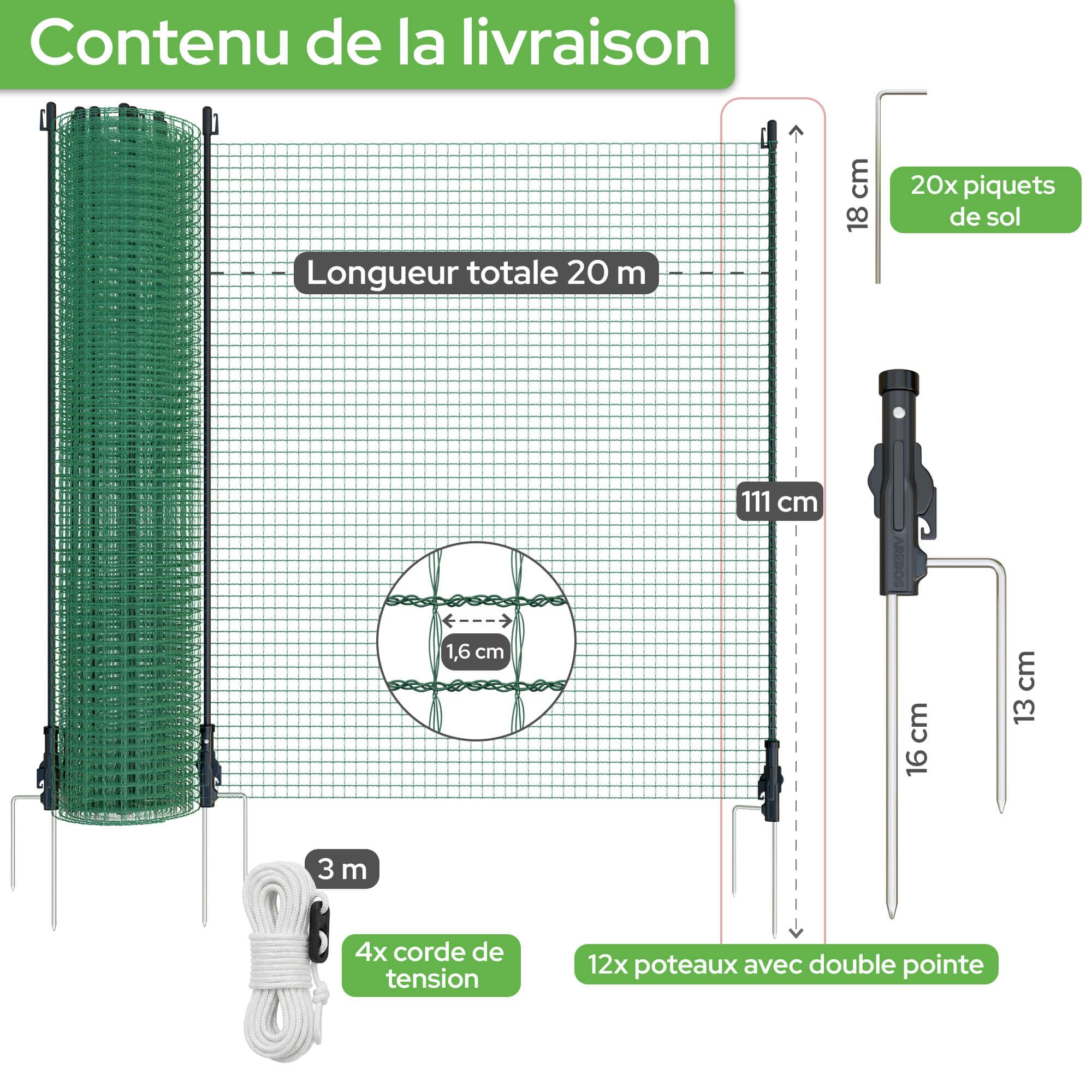 Arebos Clôture mobile 20 m | Filet de clôture 90 cm de hauteur avec 15 poteaux | Clôture de jardin flexible pour chiens, poules & petits animaux | Résistante aux intempéries