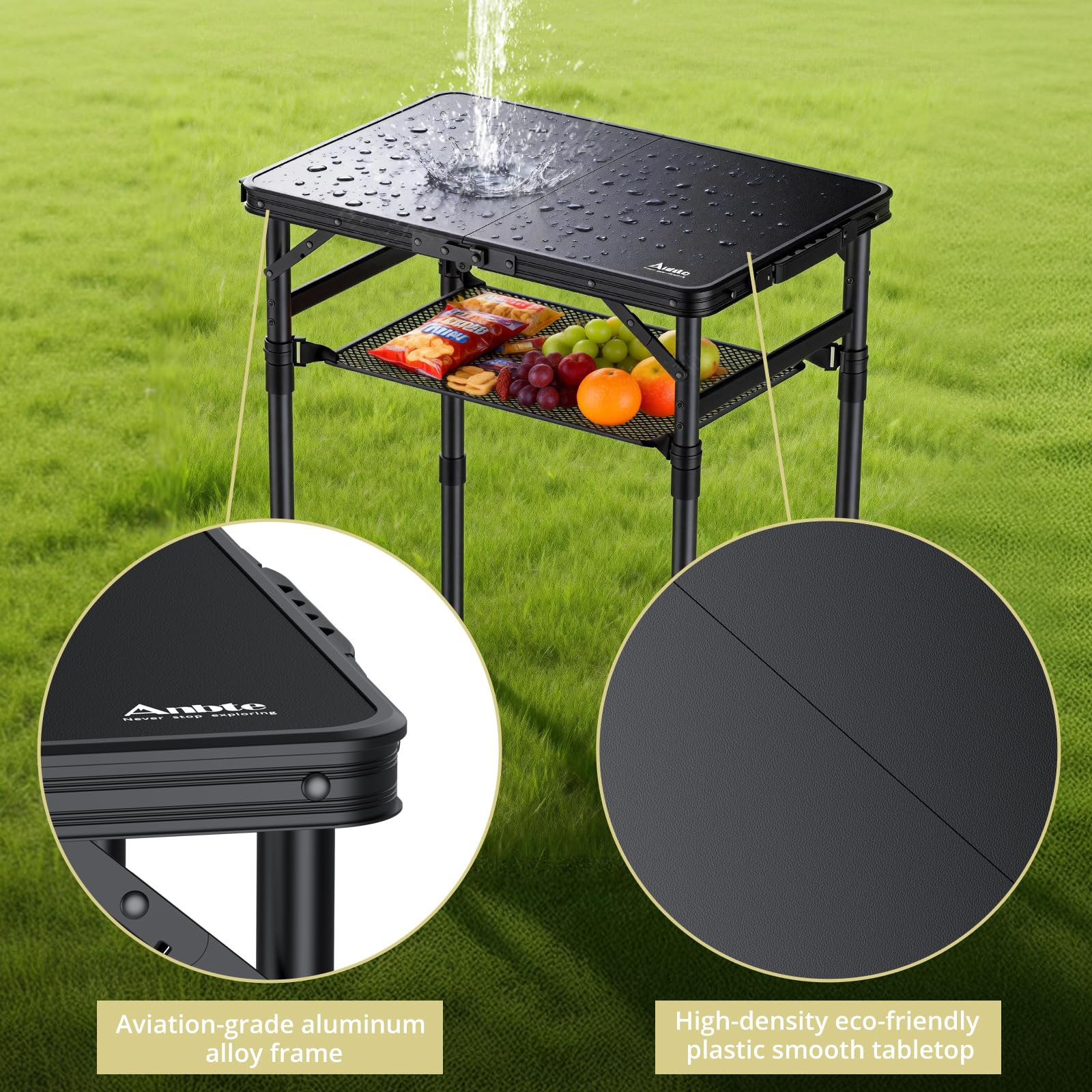 Anbte Piccolo tavolo pieghevole in plastica da 0,6 m, impermeabile, regolabile in altezza, portatile, con rete portaoggetti, piano piatto, per picnic, interni, esterni, viaggi, spiaggia, patio, 57,9 x