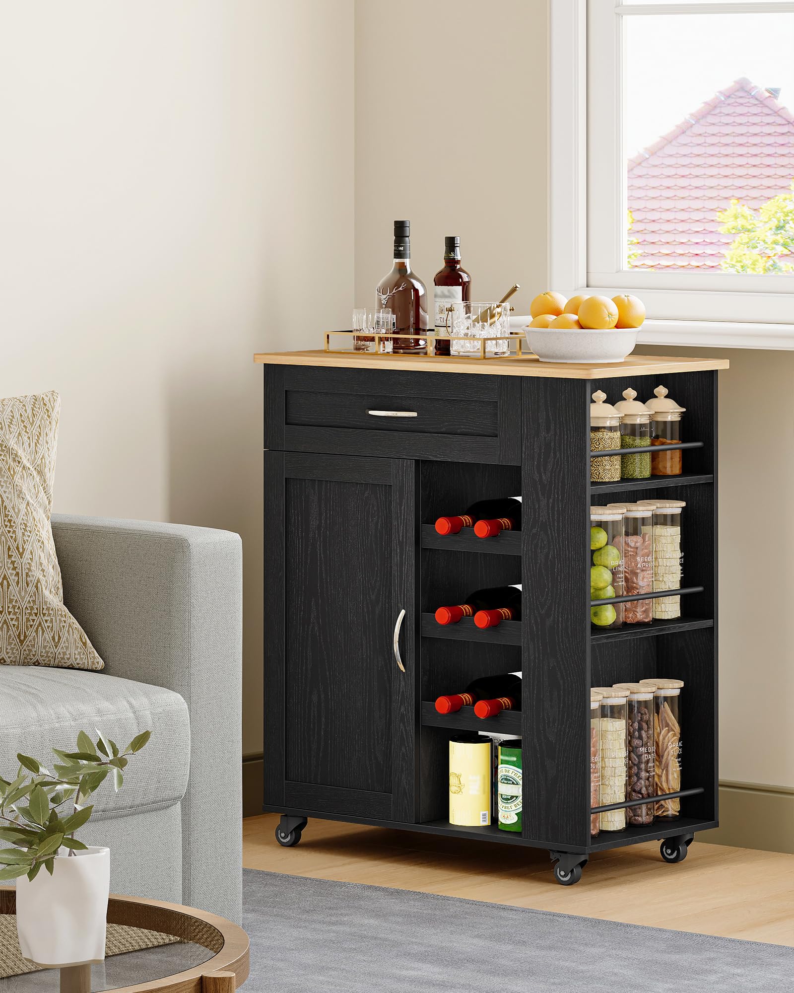 Hzuaneri Servierwagen, Küchenwagen mit Rädern, Weinregal, Kücheninsel, Kochinsel, Küchenregal stehend Möbel, Rollwagen, für Küche, Wohnzimmer und Esszimmer, 68 × 86 × 40 cm, Schwarz ST03004B