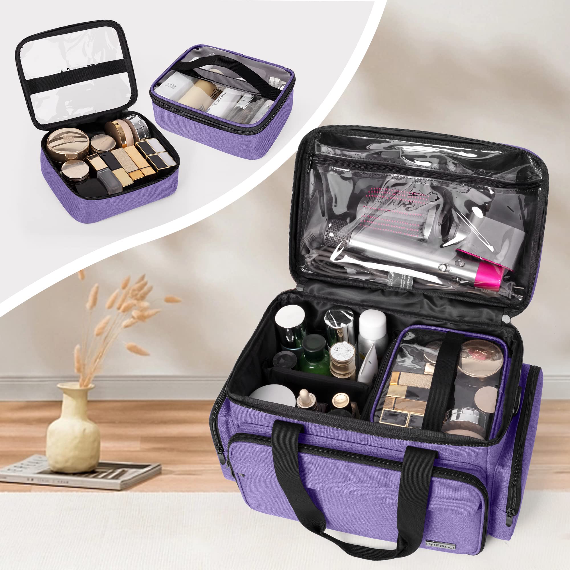 BAFASO Make up Organizer Tasche, Kosmetiktasche für Frauen, Kulturtasche Damen Groß, Tragetasche für Kosmetika und Make up, (Patent angemeldet), Lila | Mit 2 abnehmbaren Taschen und Trennwänden zur Aufbewahrung von Make-up und Haaraccessoires (zum Patent