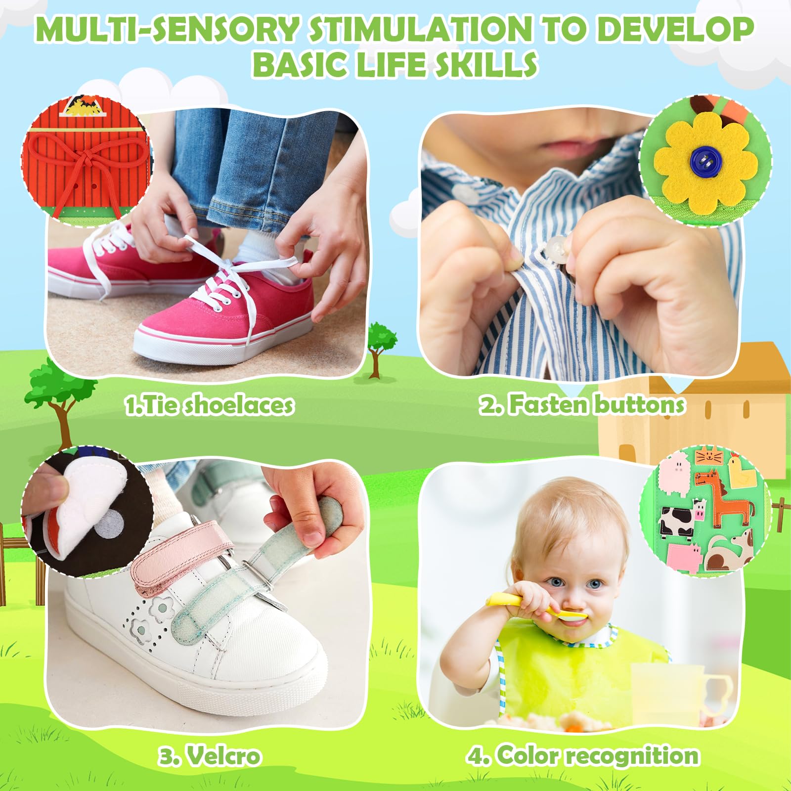 TOSAVGA Juguetes Montessori 1 año, 20 en 1 Busy Board Libro Montessori Interactivo Sensoriales Juguetes para Niños 1 2 3 4 años, Juegos Educativos Niños 1 2 3 Años, 10 Páginas Animales Granja