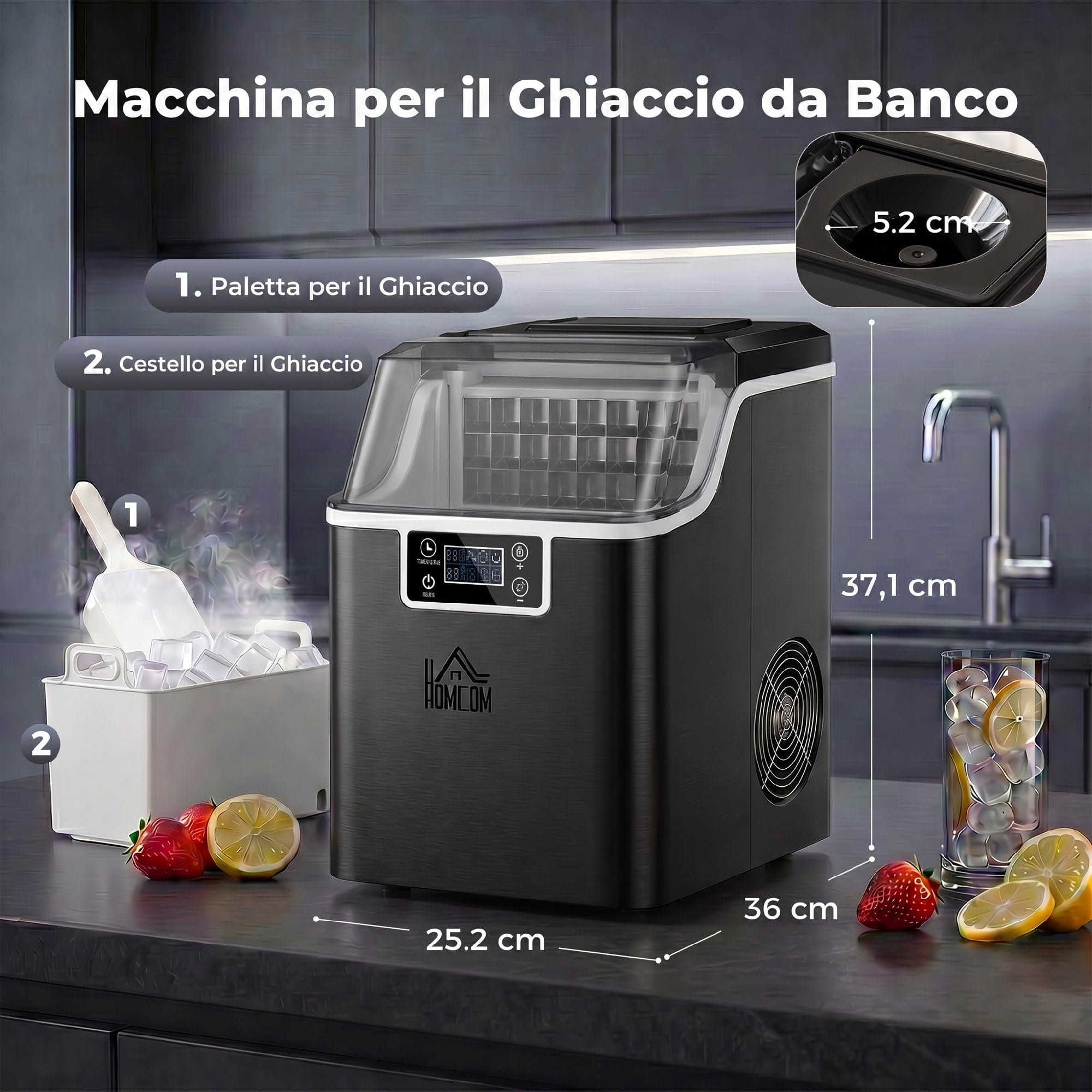 HOMCOM Macchina Ghiaccio 20kg in 24 Ore, Riempimento Manuale o con Bottiglia, 24 Cubetti in 14-18 Minuti con Paletta, Dimensione Regolabile, Serbatoio 3.2L e Sistema Autopulente, Nero