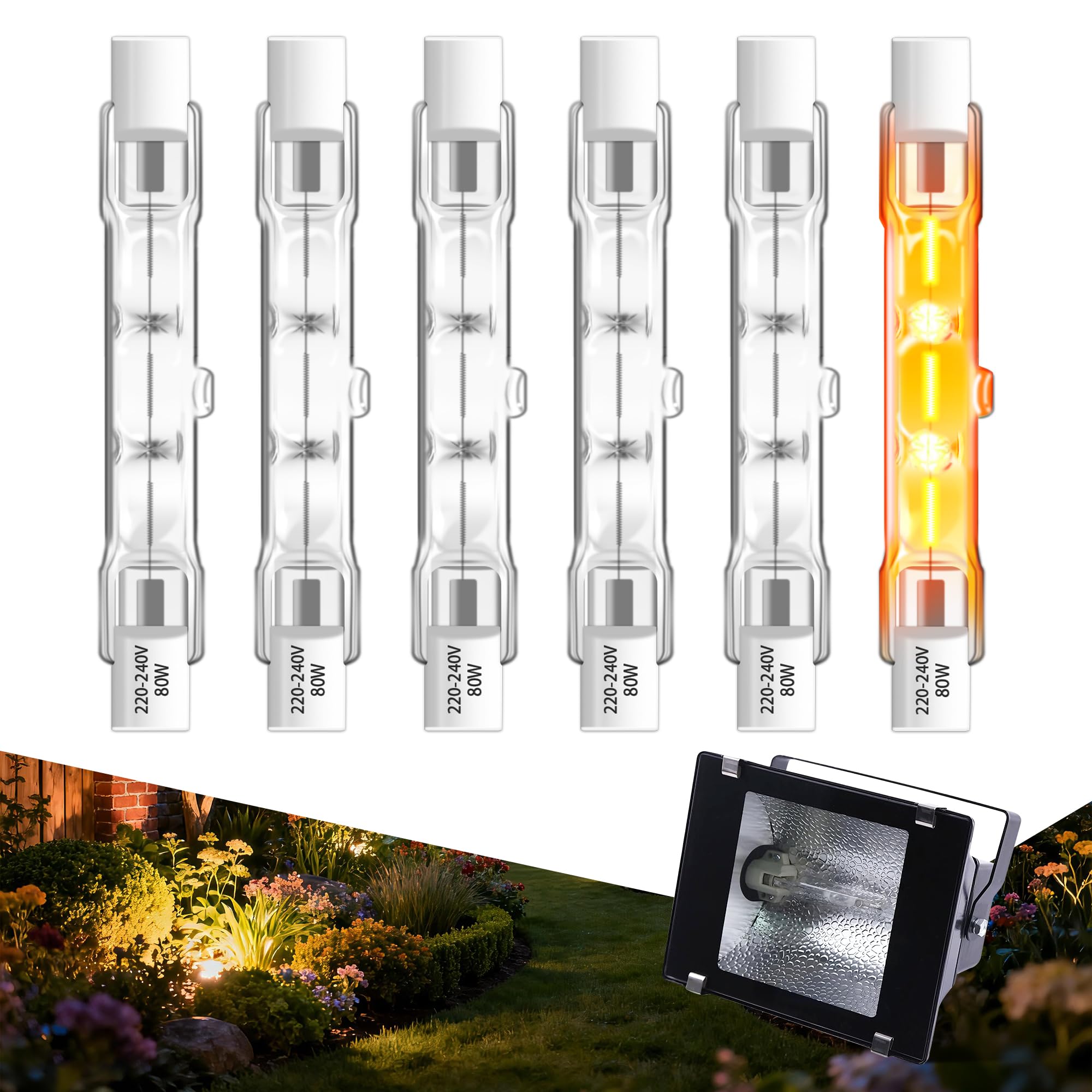SCNNC R7S Linear Halogen Bulb 80W 78mm 220V 1400LM Dimmable Warm White 2700K, J Type Floodlight Security Light Bulb J78 R7S for Ceiling Landscape Security Work Light, Pack of 6