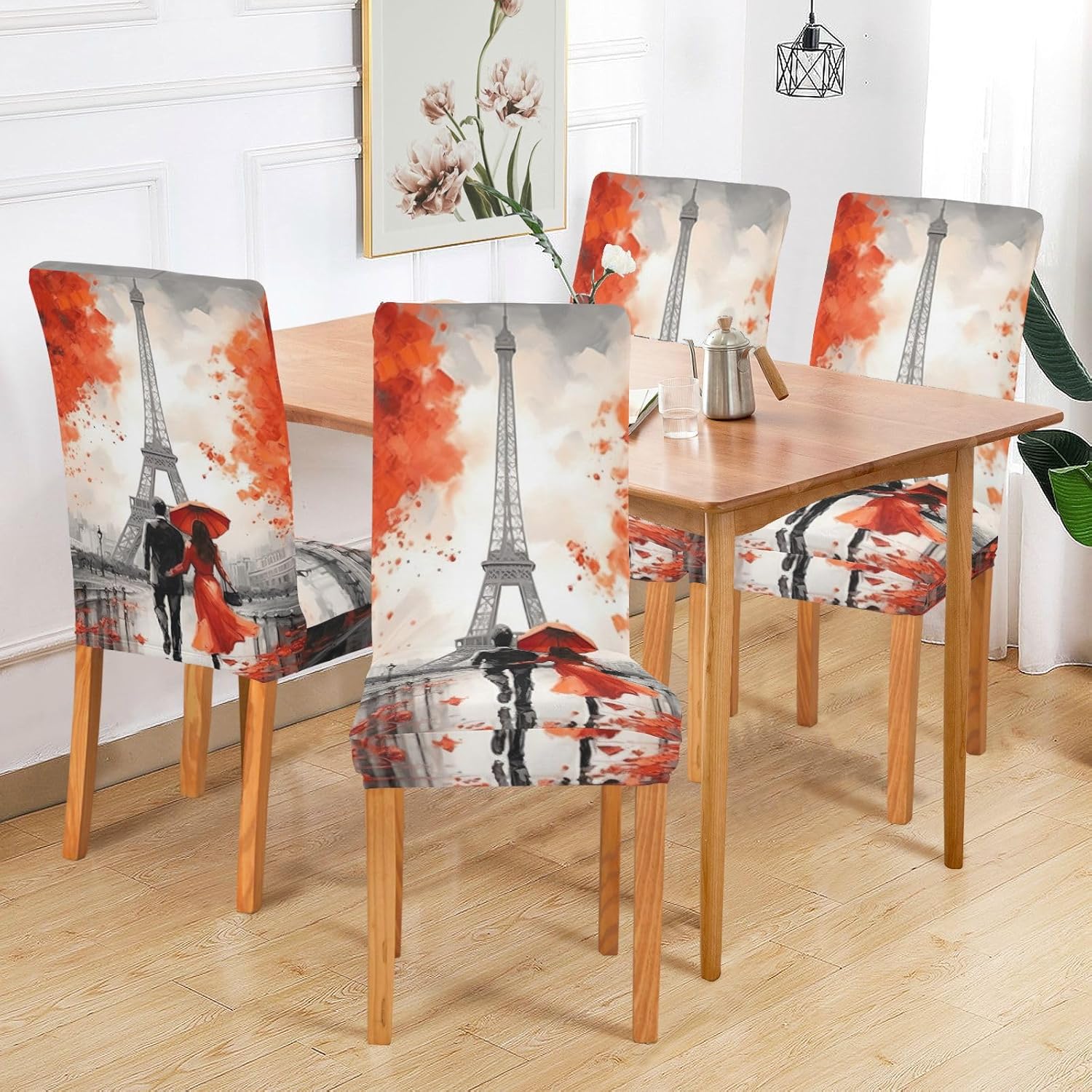Red Paris Street Dining Room Chair Covers Set of 4,Stretchable Removable Washable Spandex Kitchen Chair Protector Slipcovers for Restaurant,Hotel,Ceremony,Christmas,Festival Decoration