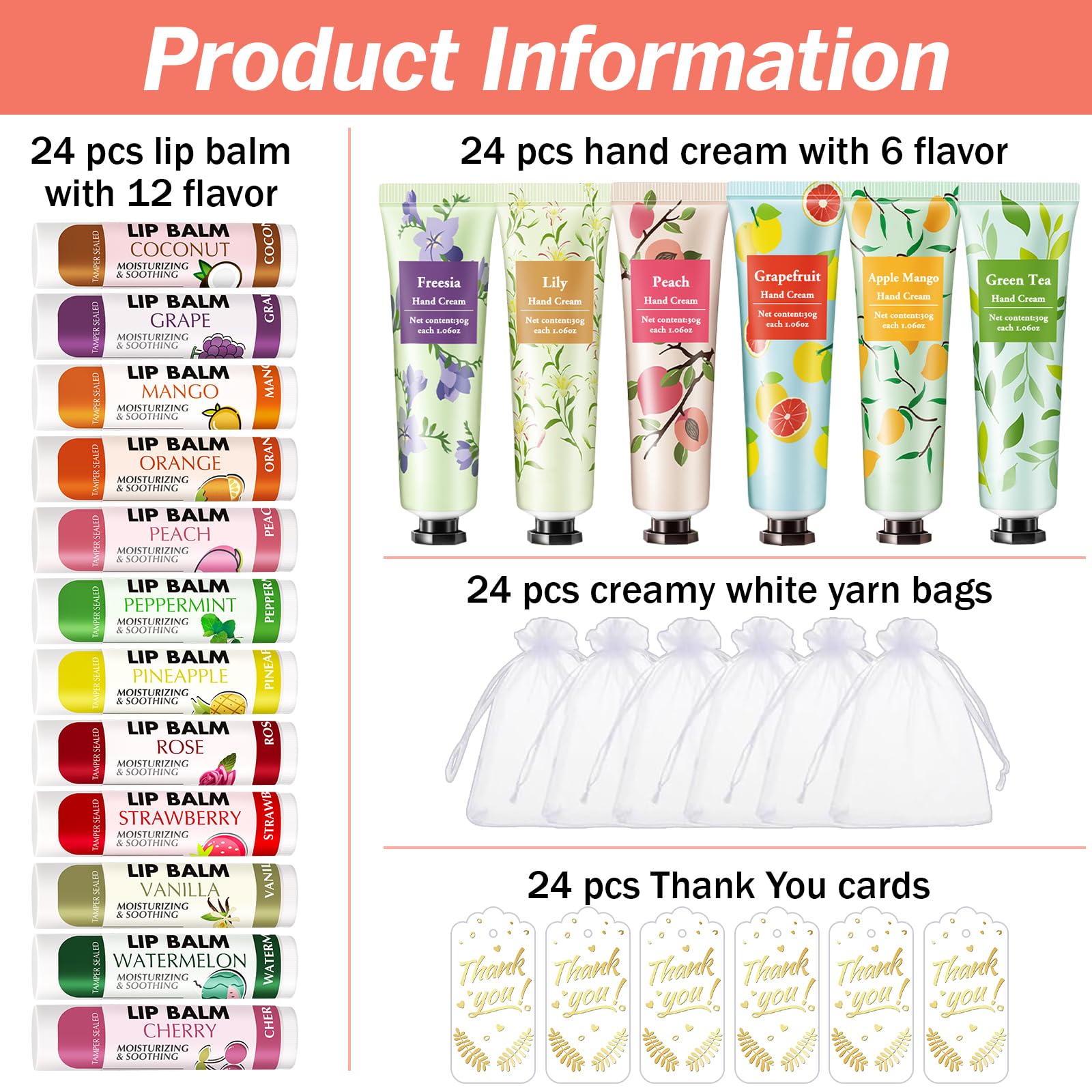 AZEN 24-teiliges Set mit Handcreme und Lippenbalsam, Großpackung mit Organza-Beutel, Dankeskarte, Brauthochzeitsgeschenke und Dankeschön-Geschenke für Gäste