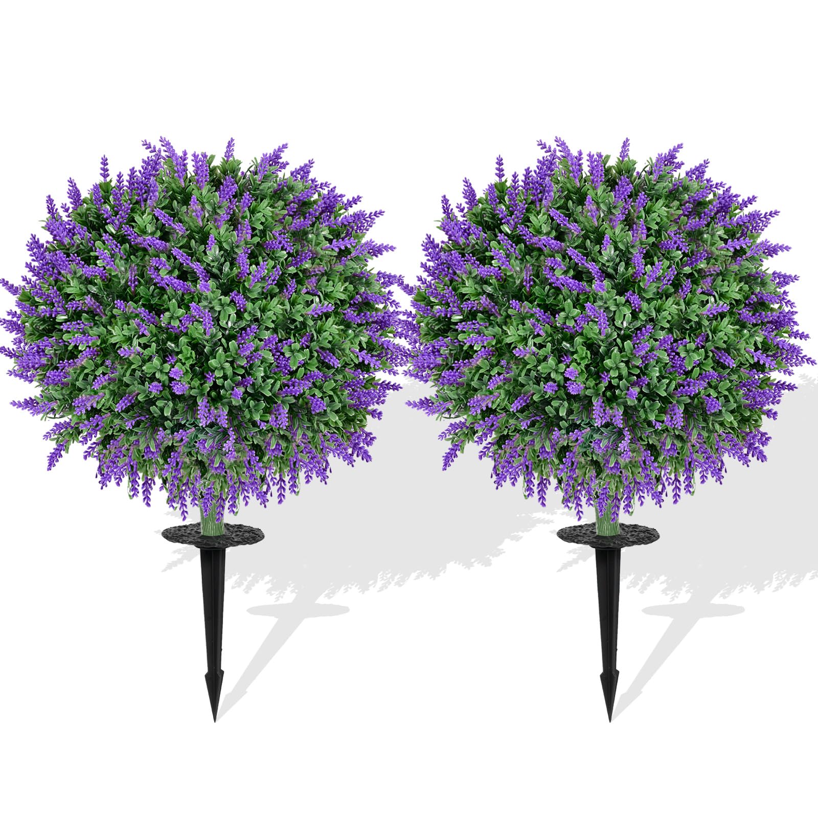 Artificial Boxwood Topiary Balls with Lavender – Set of 2 UV-Resistant 23" Fake Shrubs with Ground Spikes, Faux Evergreen Decorative Plants for Outdoor Indoor Porch Patio Garden