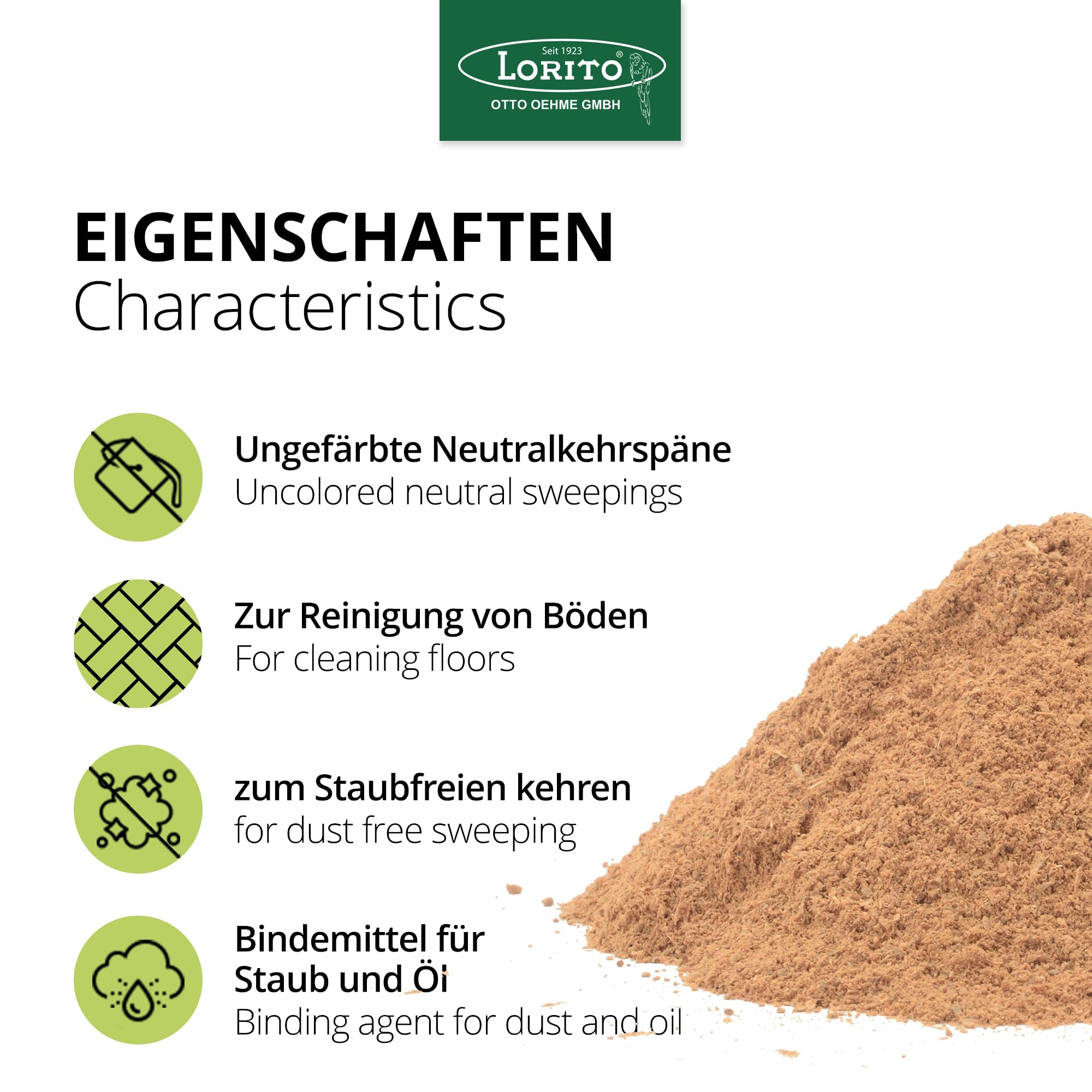 Lorito Neutralkehrspäne 25 kg, Kehrspäne staubbindend, Kehrmehl zur Bodenreinigung, Werkstatt und Industrie, Benzin, Fett und Öl binden