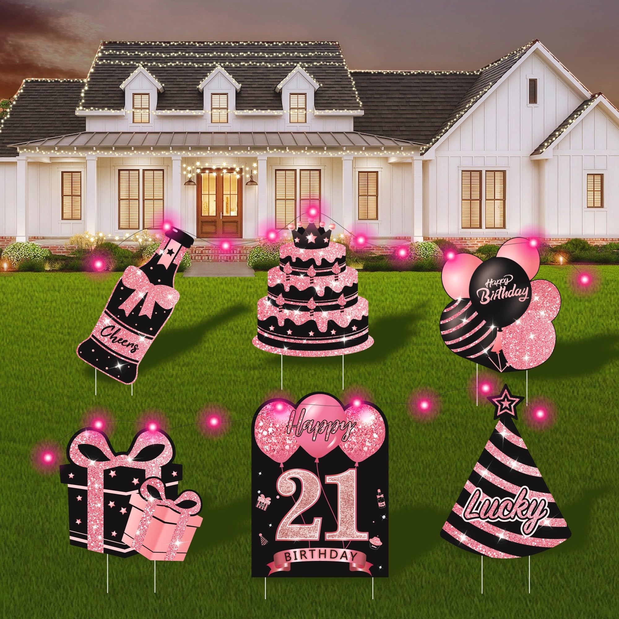 Happy Birthday Yard Sign with Stakes, 6 Pcs Pink Happy Birthday Sign with LED Lights and Double-Sided Tape, Personalized Age Happy Birthday Decorations, Ideal for Outdoor and Indoor Birthday Parties
