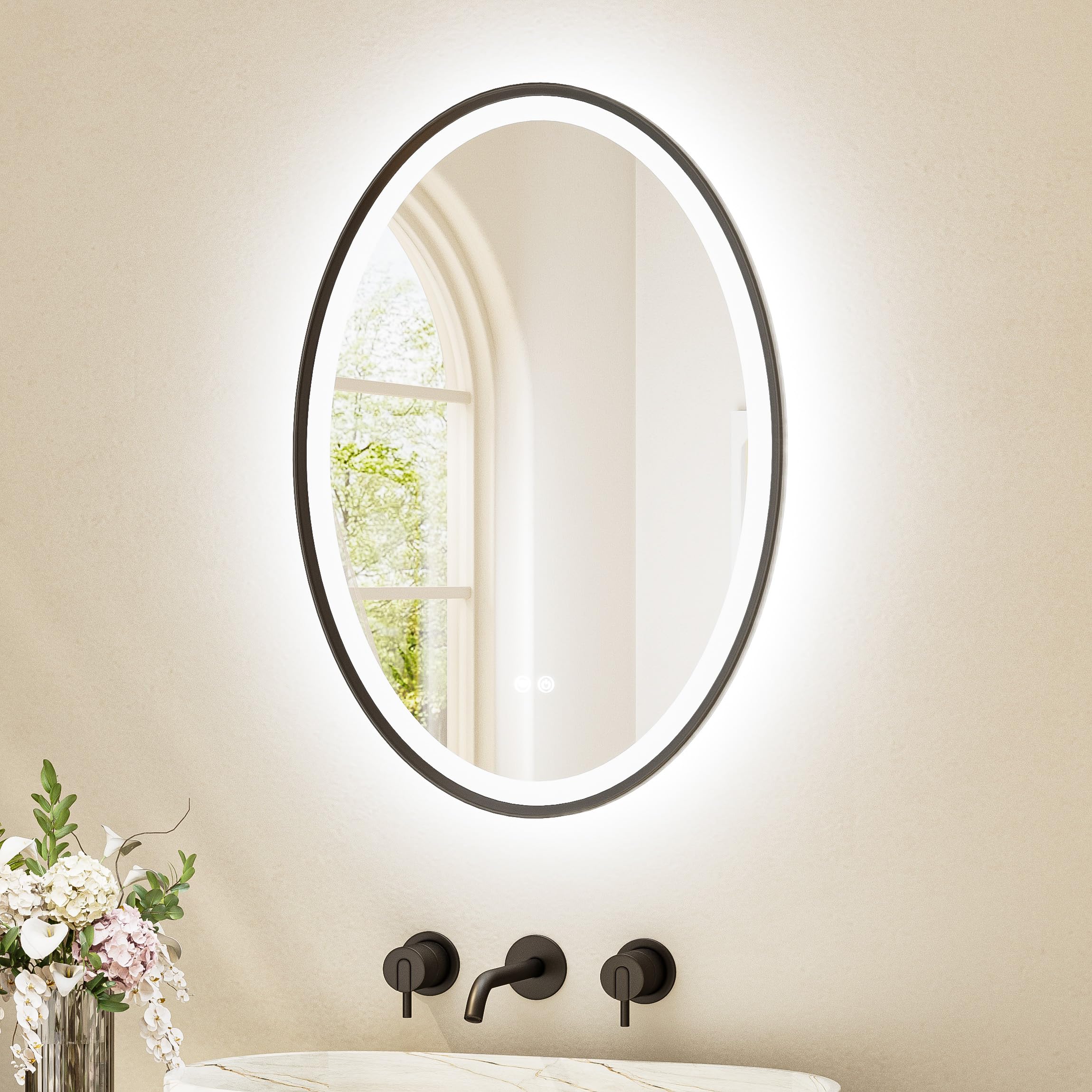 TETOTE Oval Led Lighted Bathroom Mirror Matte Black Frame 20" x 28" Front and Backlit Oval Light up Vanity Mirror with Lights, 3 Color Illuminated Dimmable Anti Fog Wall Mount, IP54 CRI 90+