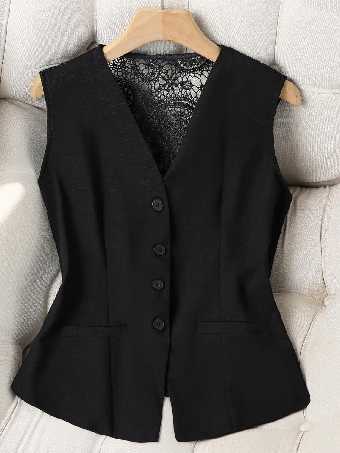Women's Elegant Lace Suit Vest Sleeveless V-Neck Button Down Waistcoat Tailored Fit for Office and Dressy Occasions