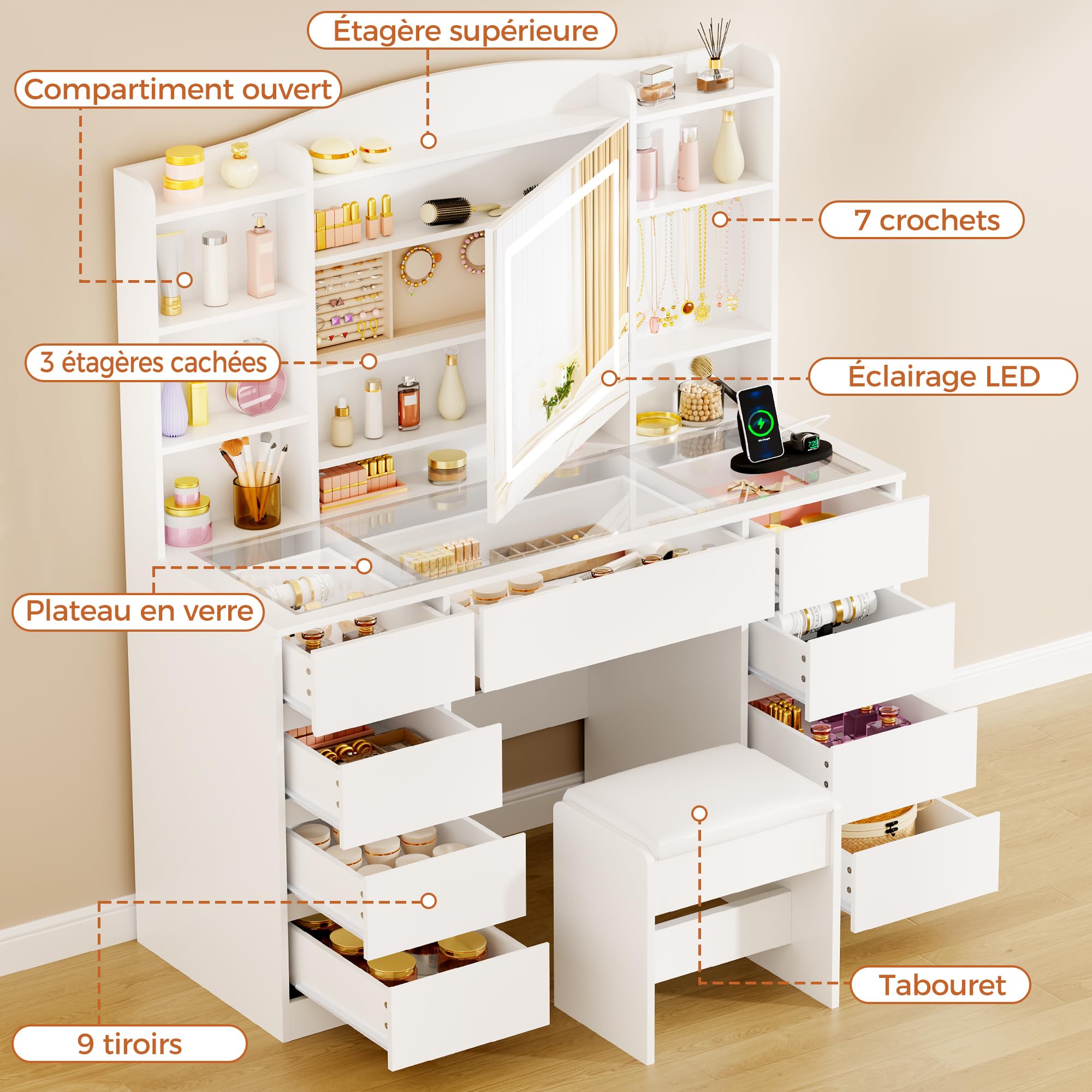 ANWBROAD Grande Coiffeuse avec Miroir et Éclairage LED Coiffeuse avec Plateau en Verre,Tabouret,Prise et Rangement Bijoux Table de Maquillage avec 9 Tiroirs 7 Étagères 7 Crochets Moderne Blanc BDT21W