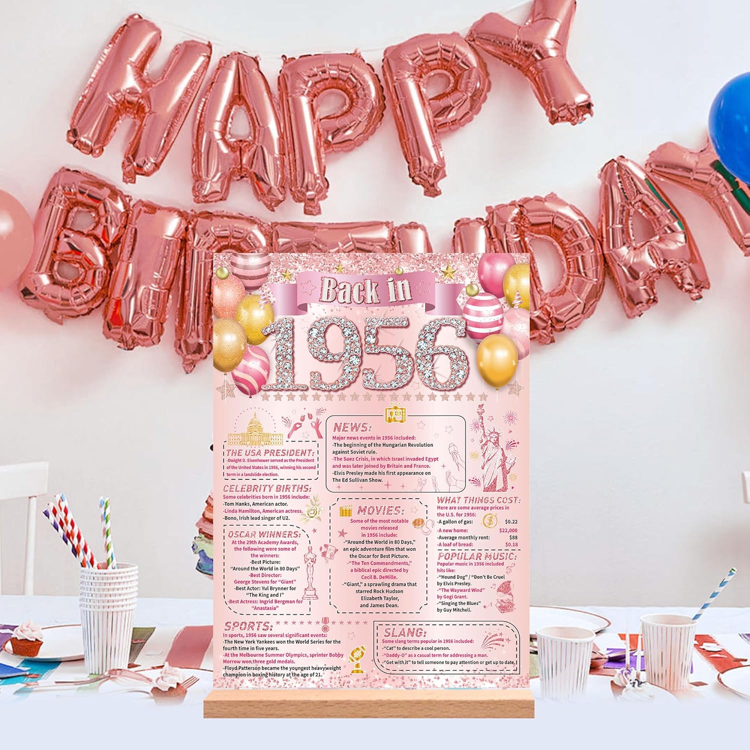 70th Birthday Decorations for Women, Pink Rose Gold Back in 1956 Poster Acrylic Table Sign with Stand, Two-Sided Vintage 70 Years Old Birthday Gifts Party Supplies - Image 6