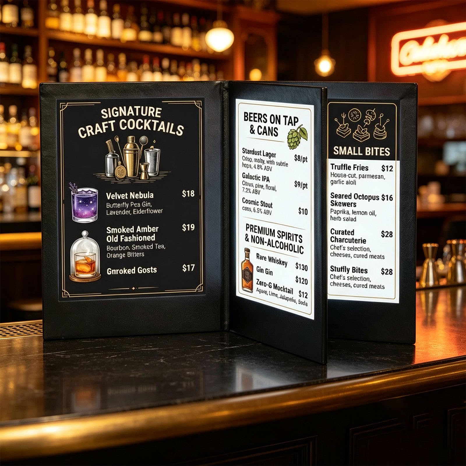 Glwabomars A4fourside3pack Led Menu Cover A4 Four Panel, Lighted Rechargeable Restaurant Menu Holder, Foldable Display Folder For Food And Beverage Menus