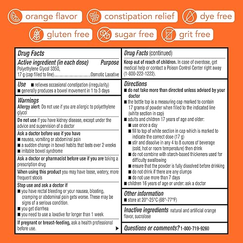 Miniatura 3 de GoodSense Polvo de polietilenglicol 3350 para solución, sabor naranja, laxante osmótico, suaviza las heces, alivia el estreñimiento ocasional, 17.9