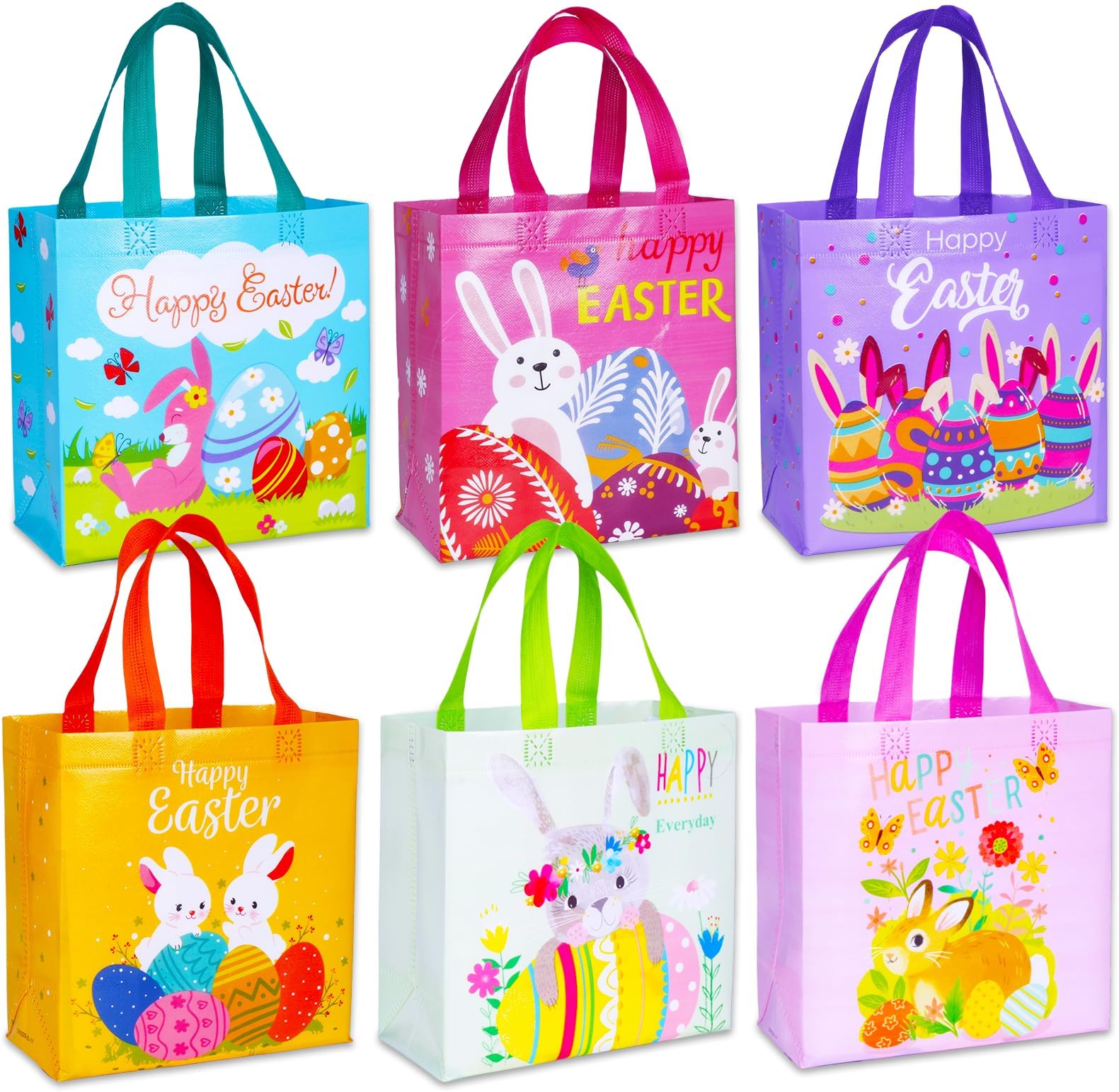 Exun Happy Easter Gift Bags with Handles, Bunny Carrot Chick Designs, Reusable Non-Woven Treat Bags for Party Favors, Gift Wrapping, Easter Basket Container, 9.1×8.7×4.5 inch, 6-Pack