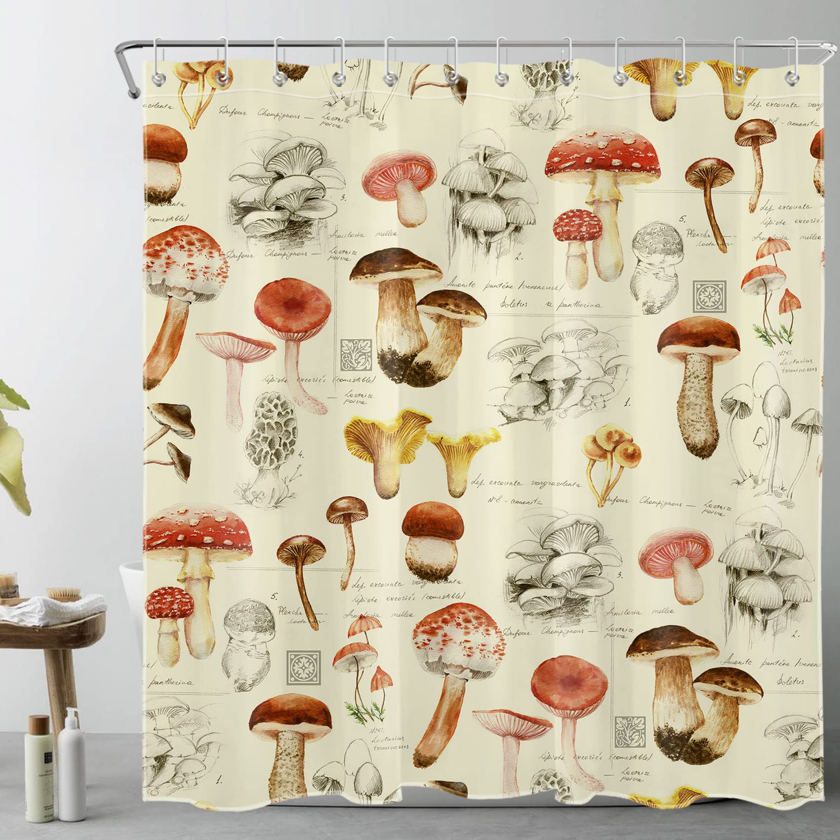 EOBTAIN Mushroom Shower Curtain Retro Mushrooms Natural Wild Plant 70S 60S Modern Aesthetic Shower Curtains for Bathroom Decor 72X72 Inches Waterproof Fabric Durable Washable with 12 Hooks Yellow