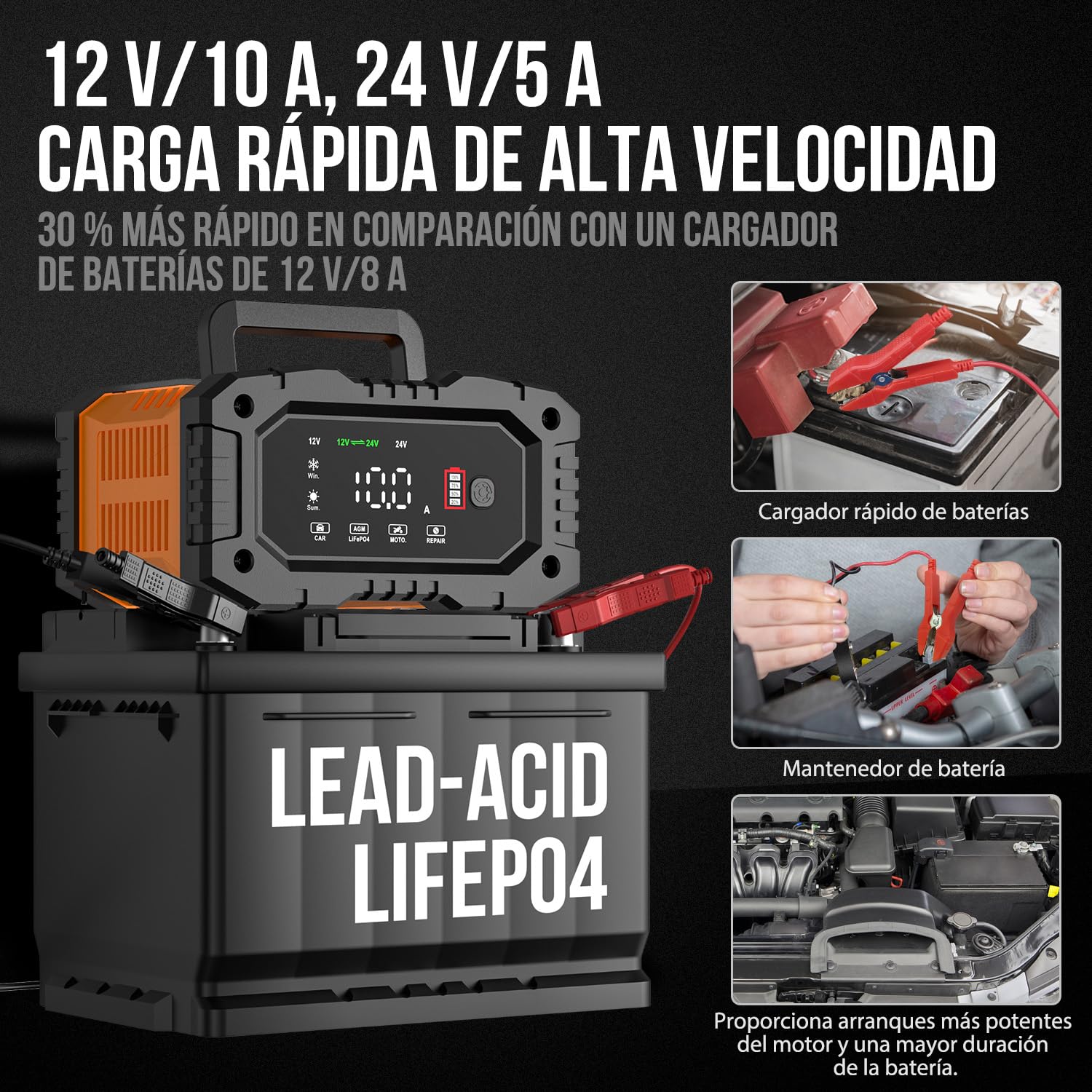 Cargador de batería Inteligente 10A, Cargadores de batería de Coche LiFePO4 12V 24V, mantenedor de batería automático con compensación Temperatura para Coche Motocicleta camión, AGM, Gel, húmedo, SLA