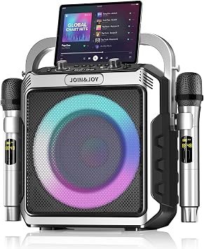 Portable Karaoke Machine, with 2 Wireless Mics, LED Lights, Loud Subwoofer, Outdoor Karaoke Speaker for Adults