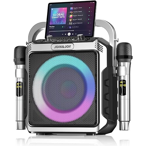 Portable Karaoke Machine, with 2 Wireless Mics, LED Lights, Loud Subwoofer, Outdoor Karaoke Speaker for Adults