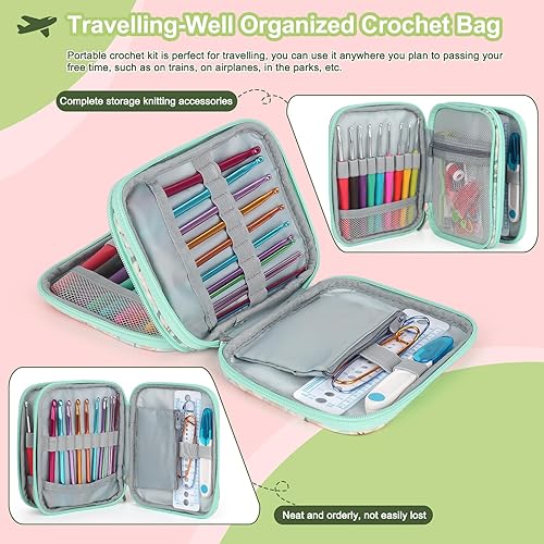 Miniatura 3 de Katech Juego de ganchos de ganchillo con estuche de ganchillo, 73 piezas de accesorios de tejer, gancho ergonómico de ganchillo para hacer bolsas,