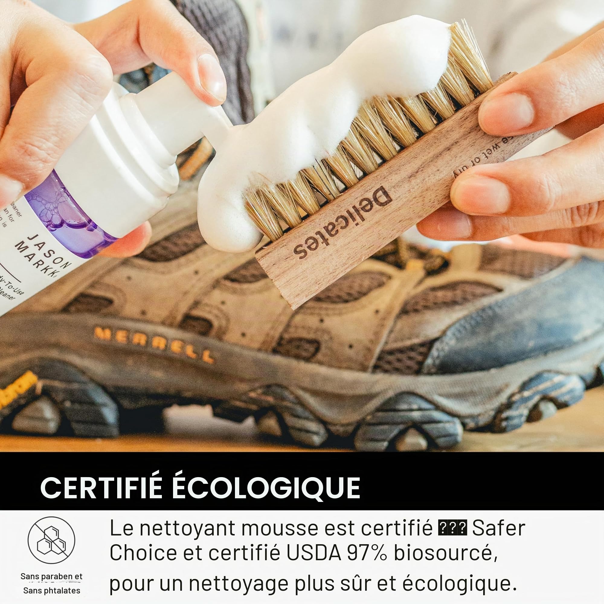 Jason Markk Kit Quick Clean, Kit Nettoyage Chaussure, Avec une brosse à chaussures et un nettoyant moussant, Nettoyant pour baskets en cuir, daim, nubuck, toile, coton et plus encore