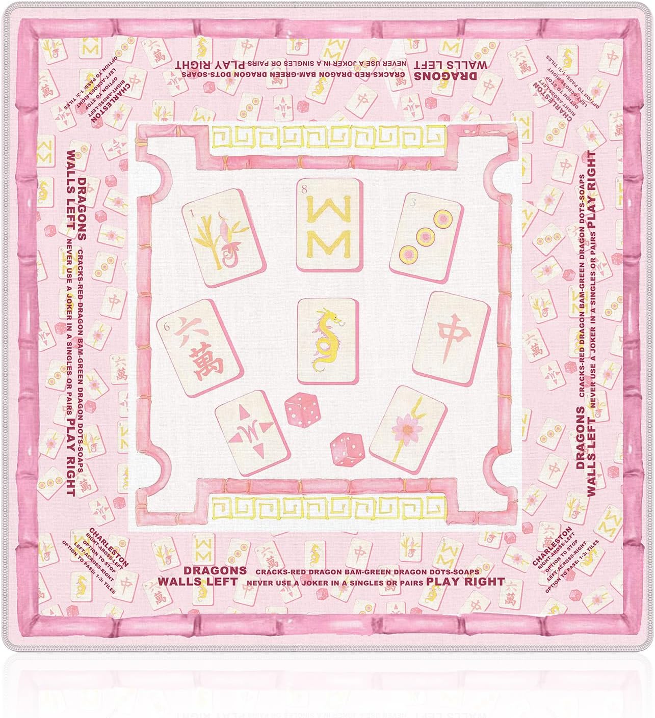 NATSUNO Pink Chinoiserie Mahjong Mat (31.5″x31.5″), Grandmillennial Pink and Gold Chinese Non-Slip Noise Reduction Mahjong Table Mat for American Mah Jong Poker Board Games Card Games Dominoes