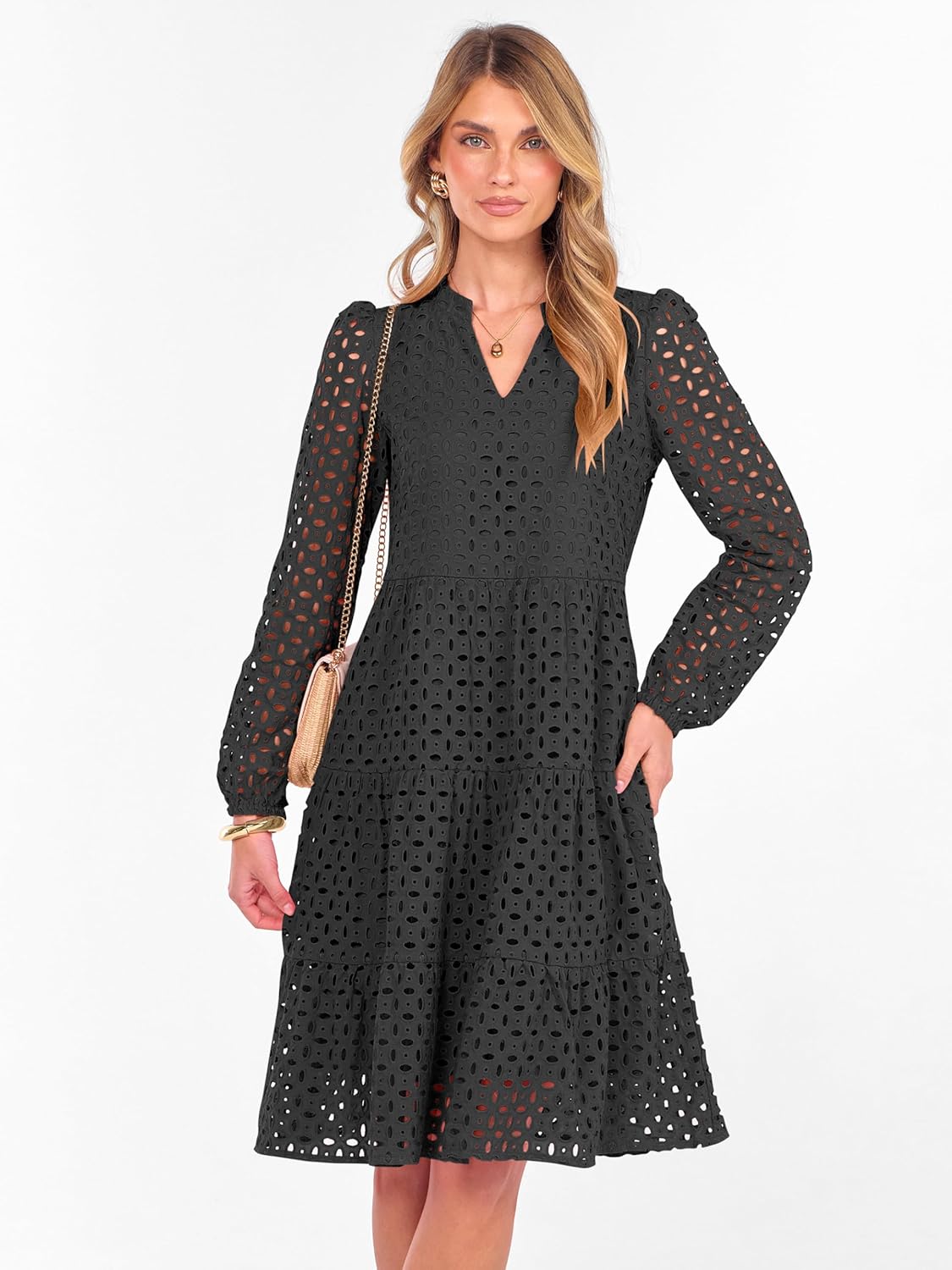ANRABESS Womens Long Sleeve V Neck Midi Dresses Hollow Out Eyelet Casual Tiered 2025 Fall Beach Vacation Dress with Pockets - Image 3