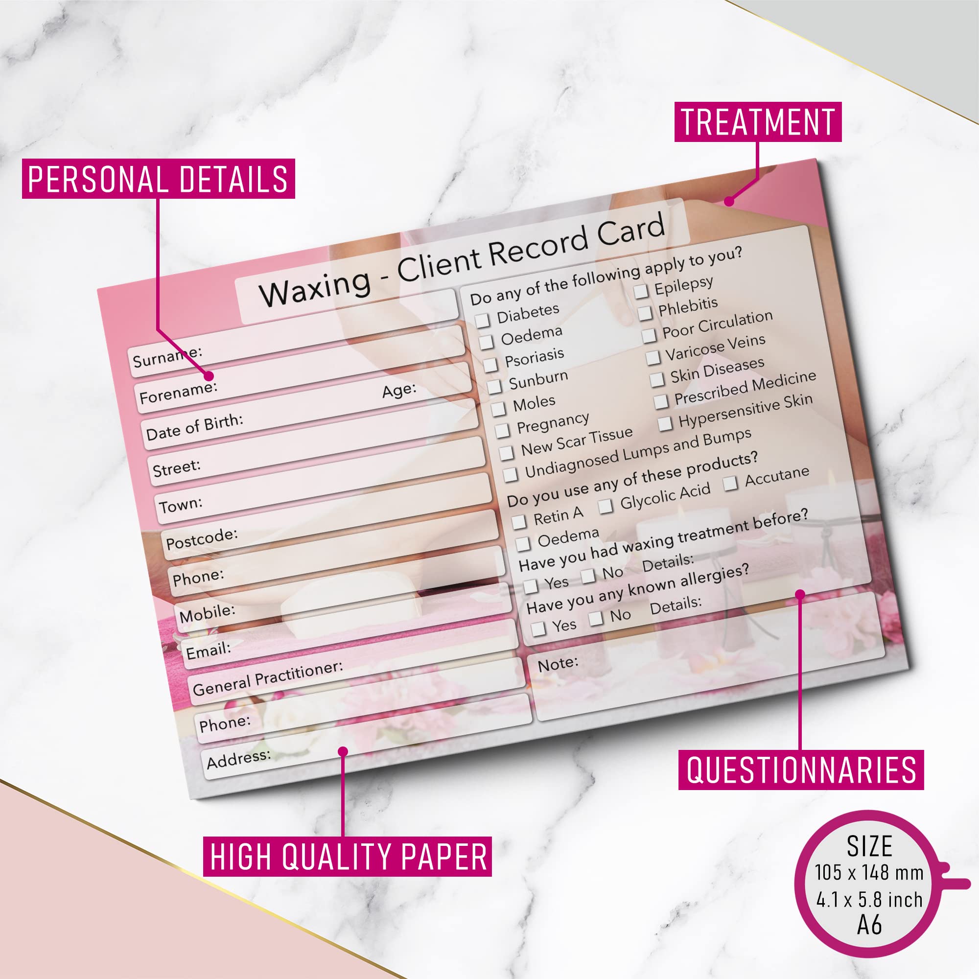 Waxing Client Cards A6 Size, Salon and Therapist Customer Consultation Record, Treatment Services Essentials - Image 4