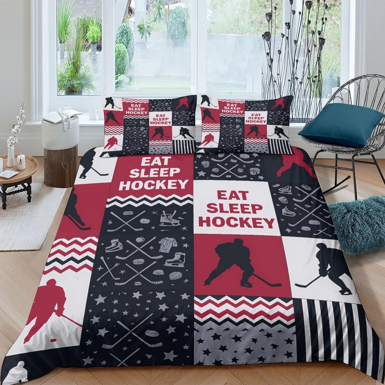 Ctjqhvkz Style-2 3D Printed Eat Sleep Hockey Fitted Sheet Microfiber Red Black Patchwork Bed Cover For Bedroom Dorm Decorative Protection Single（135X200cm）