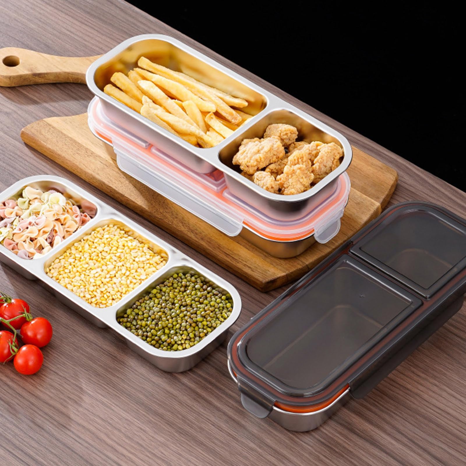 Boîte À Déjeuner Multi-Compartiments en Acier Inoxydable 2 Pièces avec Couvercle Étanche Plateau De Collations Passe Micro-Ondes Récipient Alimentaire Divisé Stainless Steel Meal Preps Box