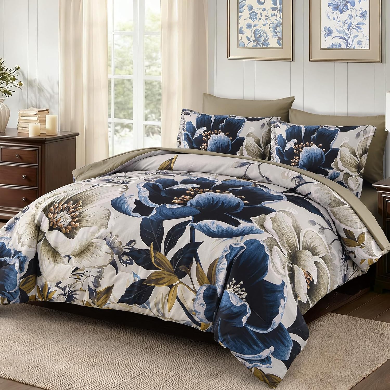 Dintszyayue Brown Comforter Set King Size, 7 Pieces Floral Bed in a Bag Set, Texture Blue Flower Bedding Sets, Soft Microfiber for All Season with Flat Sheet Fitted Sheets Pillowcases and Shams - Image 2