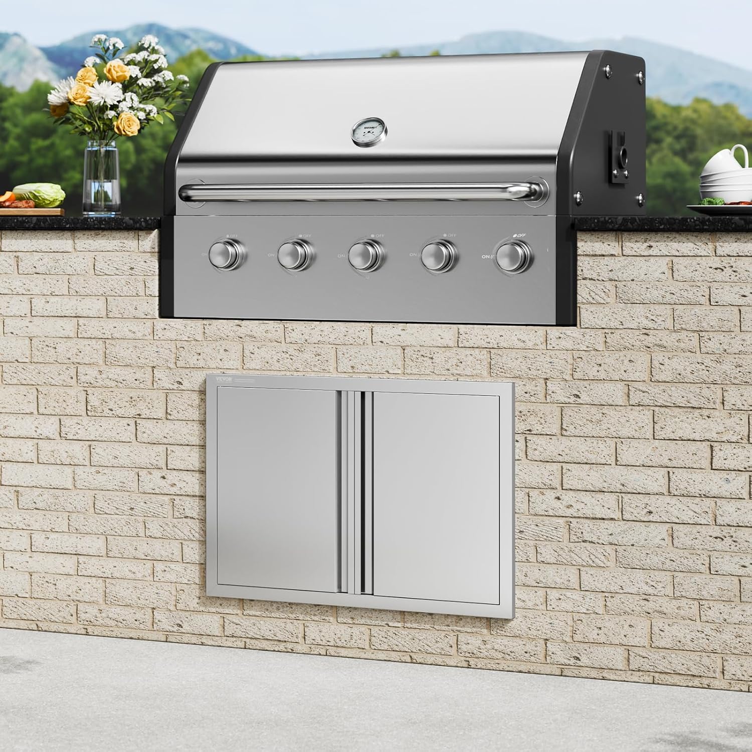 VEVOR BBQ Access Door, 30.5W x 21H Inch Double Outdoor Kitchen, Stainless Steel Flush Mount, Wall Vertical with Recessed Handles, for BBQ Island, Grilling Station, Outside Cabinet