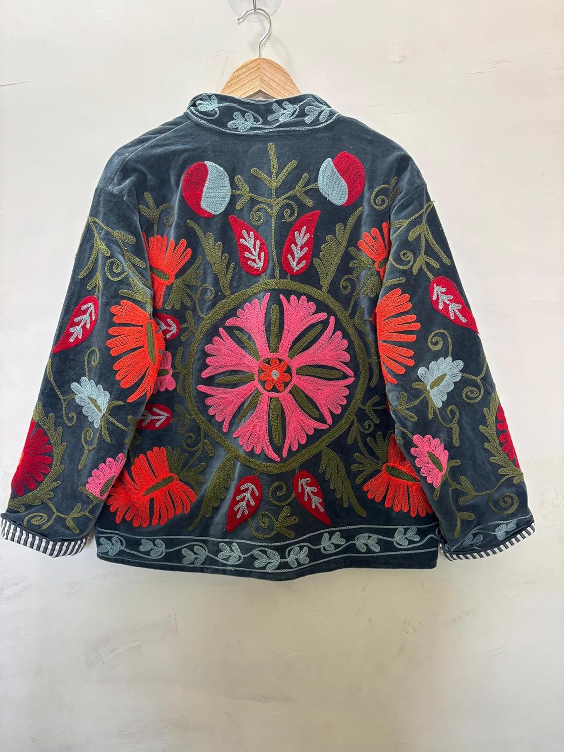 Embroidered Velvet Jacket, Gray, Floral Design, Striped Lining, Open Front, Long Sleeve, Boho Style