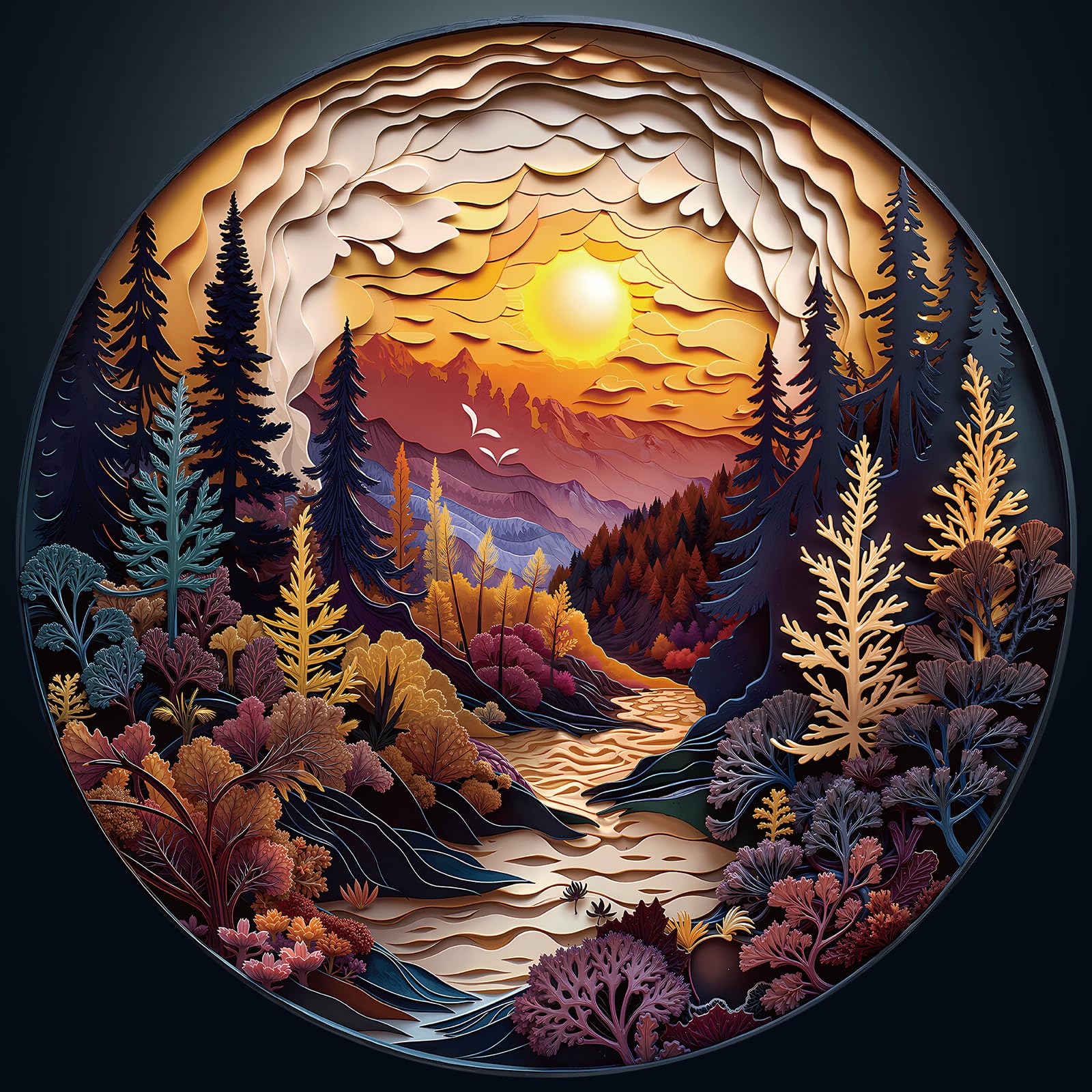 Masseruon Puzzles for Adults 1000 Pieces-Sunset Forest Round Hard Puzzle | 26.6 x 26.6in Flat Circle Puzzle with 3D Visual Effect,1000 Piece Puzzle for Adults,Christmas Birthday Party Gift/Home Decor