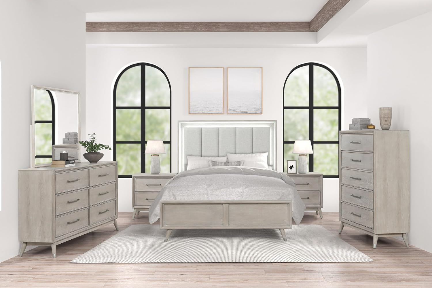 Roundhill Furniture Seluna 6-Piece Bedroom Set with Touch LED Lighting, Gray Oak Finish, Queen