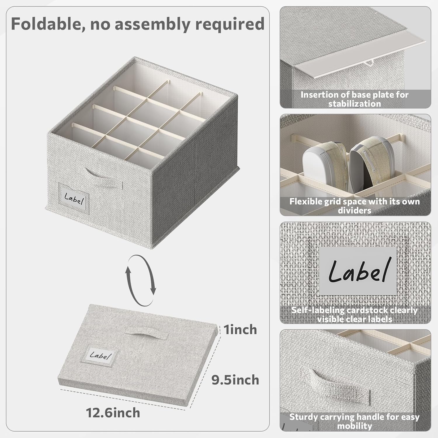 FHSQX 2 Pack Shoe Organizer for Closet,Fits up to 24 Pairs,Fabric Shoe Storage Bins,Large Shoe Box Storage Containers with Bottom Support for Shoes (Gray, (16.5 * 12.6 * 9.5) x1)