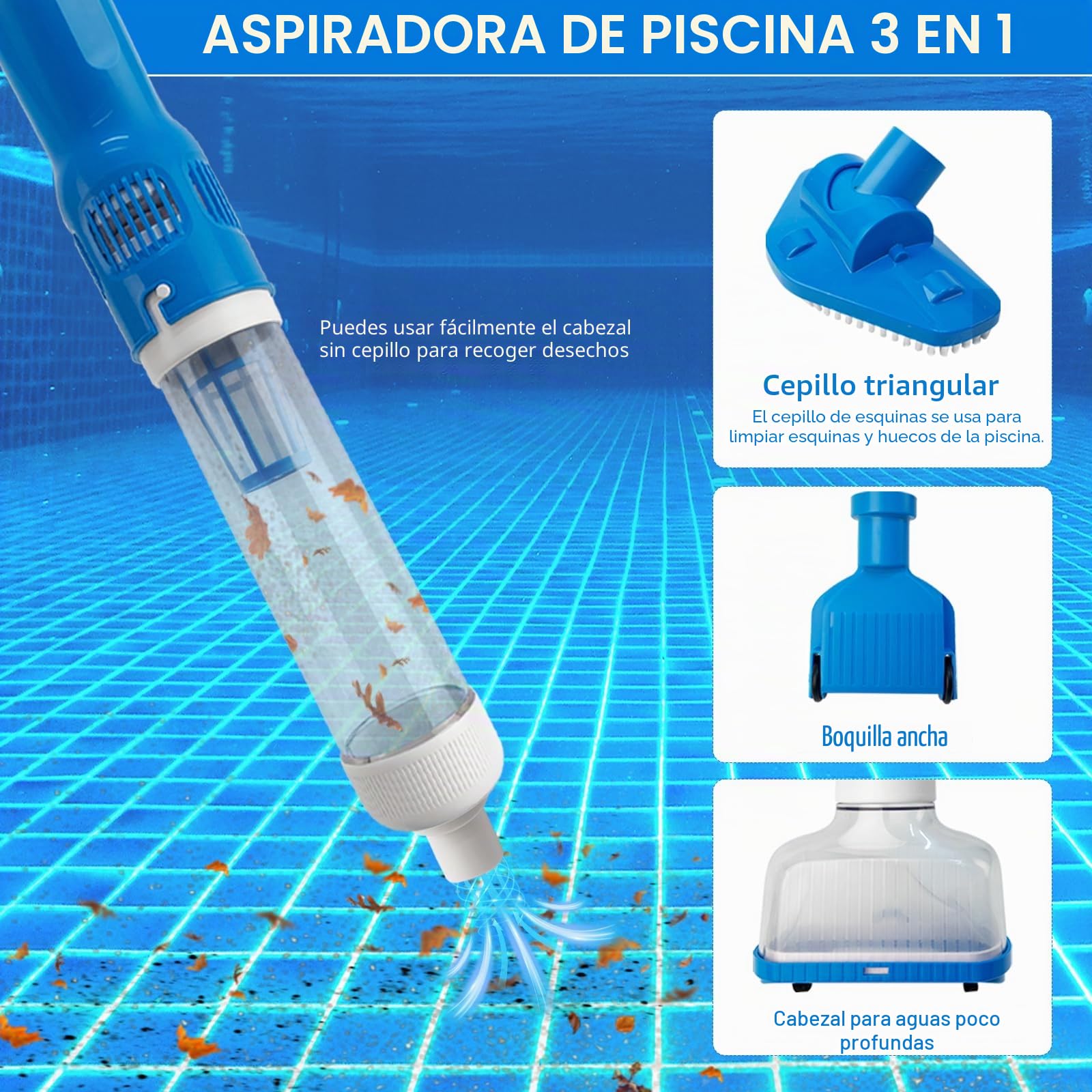 Aspirador de Piscina a Bateria, 3 en 1 Aspirador de Piscina Manual Portátil con Mango Telescópico, Limpiafondos Eléctrico de Piscina para SPA, Jacuzzi, Piscina Pequeñas