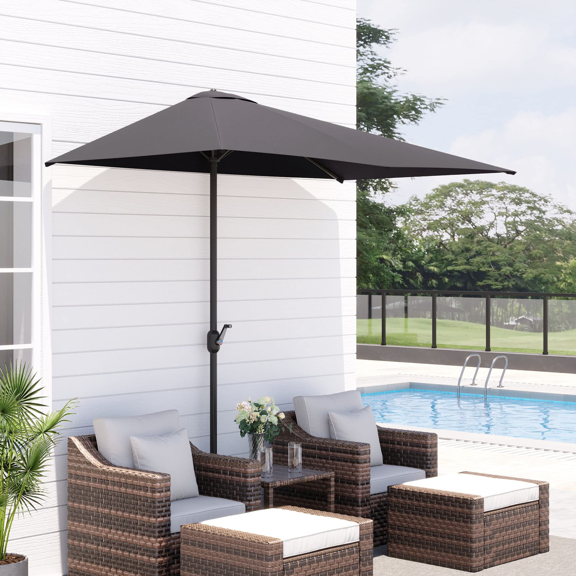 Outsunny Ombrellone Mezzaluna da Parete e Muro 2.3x1.3 m con Apertura a Manovella, Ombrellone da Giardino con 5 Stecche in Metallo e Poliestere 180g/㎡, Anti UV, per Terrazza e Balcone