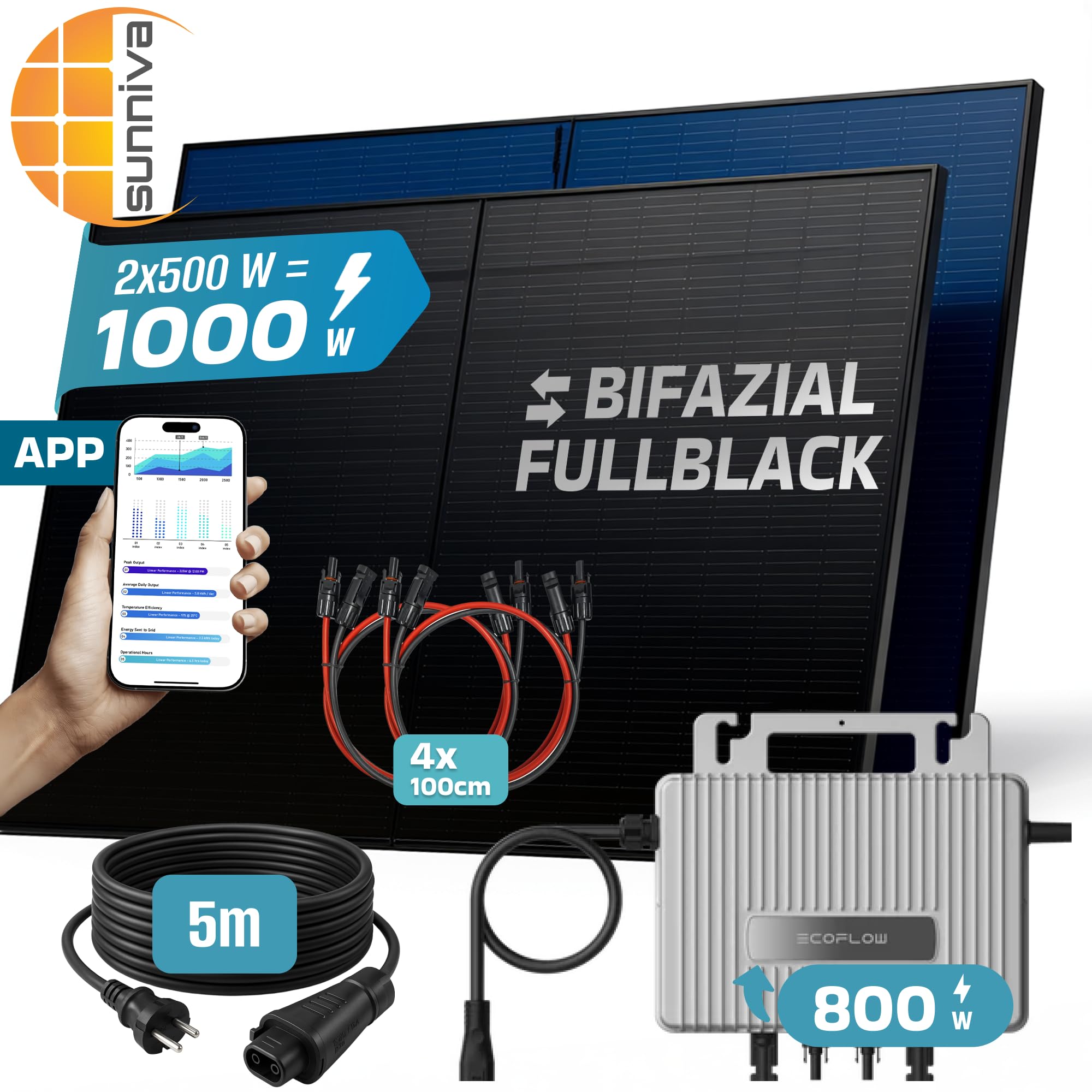 SUNNIVA® 1000W Balkonkraftwerk BIFAZIAL FULLBLACK komplett Steckdose ECOFLOW 800 Watt Wechselrichter, Solaranlage Komplettset, 2x 500W N-Type Glas Bifacial Solarmodule, 5m Kabel, 4x 1m Solarkabel