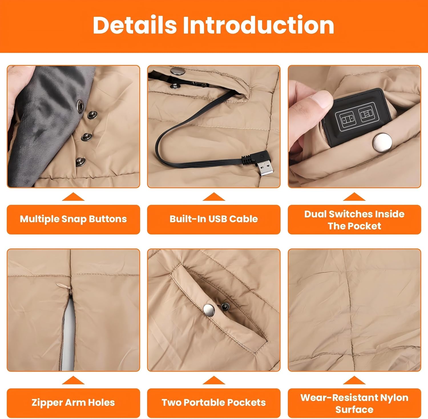 Keep You Warm in Winter and Acventure USB Heated Blanket Electric Heated Poncho Shawl Wrap Throw with Zipper Arm Holes Pocket 3 Heating Levels 6 Zones Dual Switch 5V/2A Machine Washable