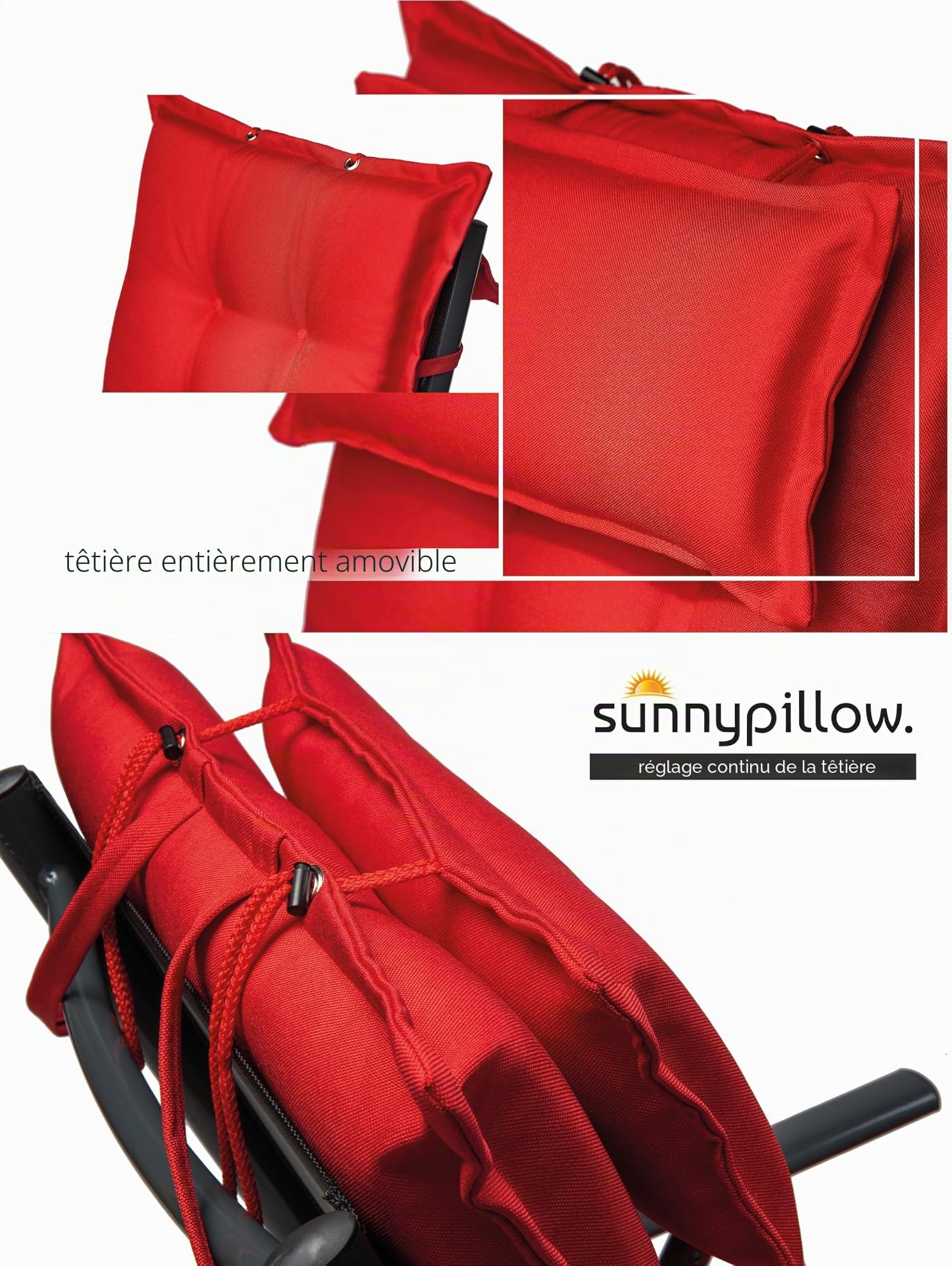sunnypillow Lot de 2 Coussins de Chaise de Jardin Dossier Haut - 120 x 50 x 9 cm - Résistant UV, Impermeable, Extérieur - Cordons de retenue, Bande de réglage, Repose-tête Amovible - Rouge