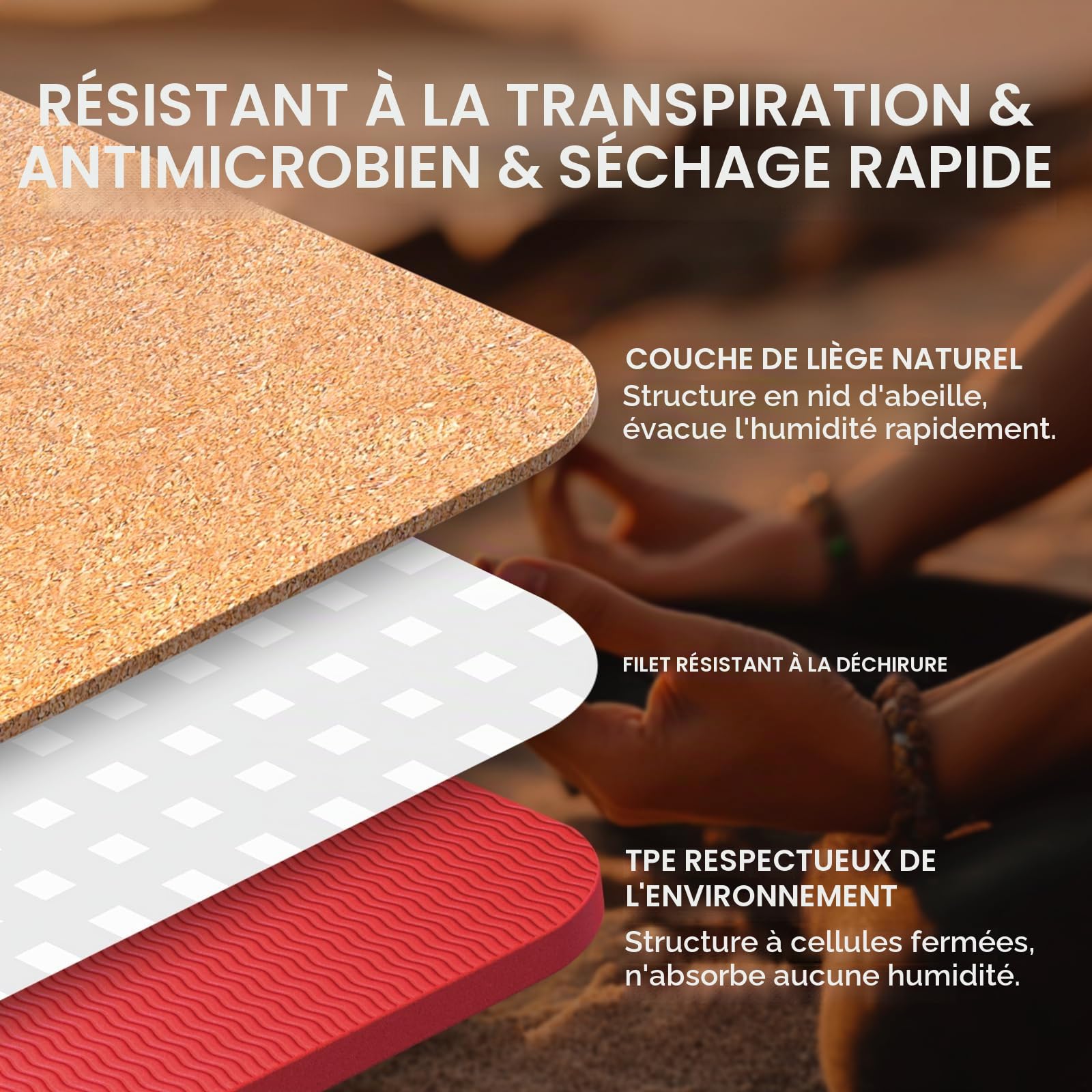 Tapis Yoga Liege Naturel 100% Tapis d'exercice Ecologique Haute Densité183X61X0.4Cm avec Sangle De Transport pour La Maison, Le Pilates,Le Gymnase Et L'Entraînement-Bordeaux-Libellules