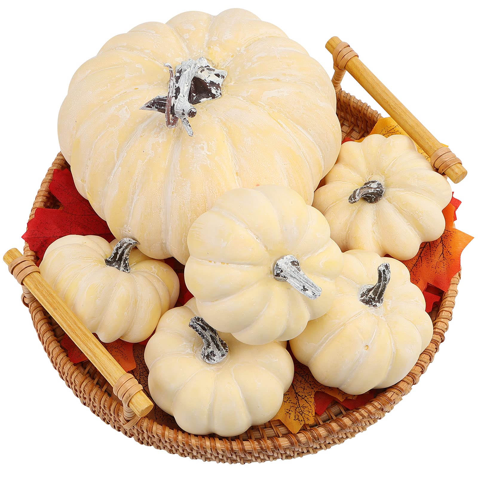 DomeStar Artificial Pumpkins, 6PCS Creamy White Fake Pumpkins Fall Harvest Mini Pumpkins Small Faux Pumpkins for Halloween Thanksgiving Decorations