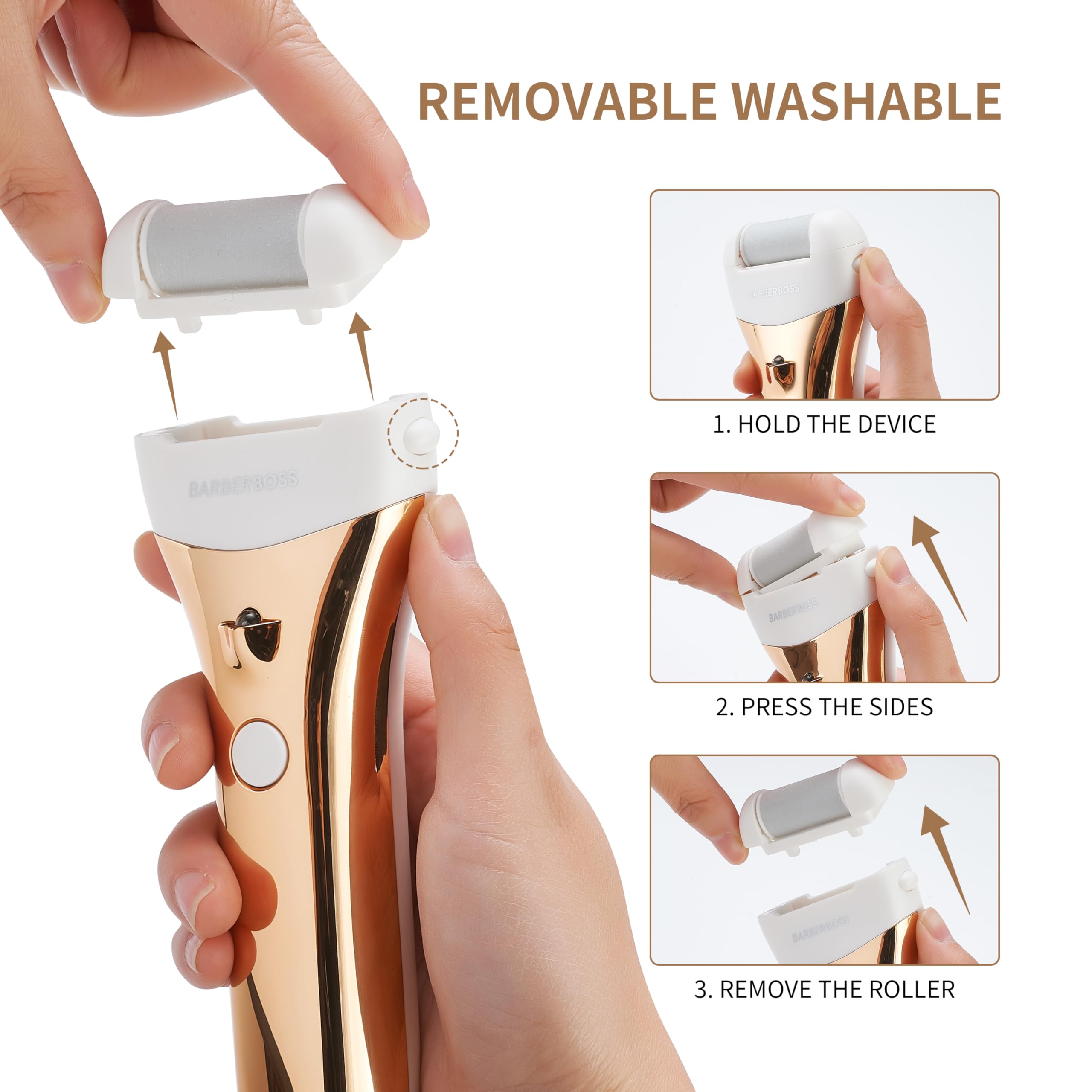 Barberboss Removedor de callos recargable, lima eléctrica de piel dura, kit impermeable con 3 rodillos, doble velocidad, carga USB y pantalla LED, juego de pedicura para talones agrietados y pies