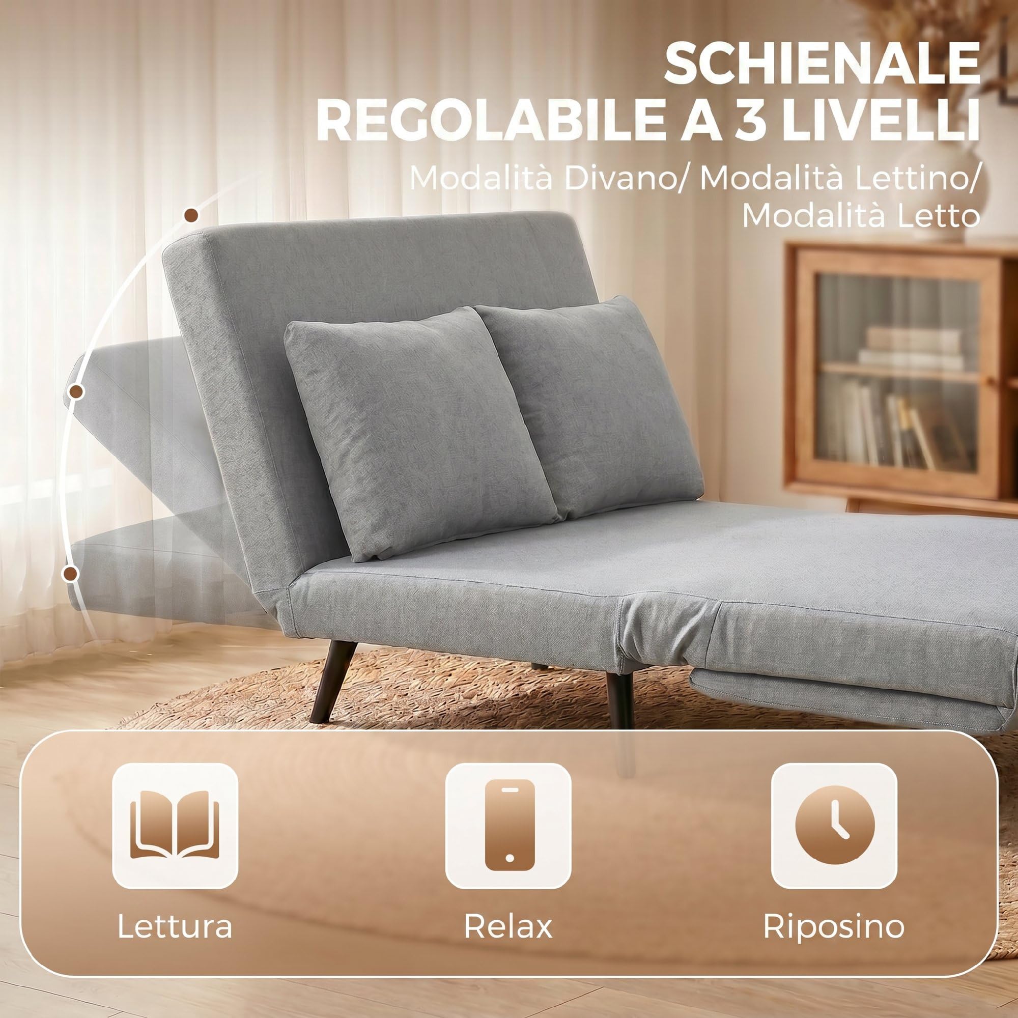 HOMCOM Divano Letto 2 Posti 3 in 1 in Tessuto Effetto Lino con 2 Cuscini, Divano Letto Matrimoniale Salvaspazio Reclinabile 3 Livelli, Seduta Imbottita, Struttura Eucalipto, Soggiorno, Grigio Chiaro