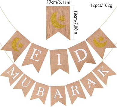 Wooden EID Decorations for Home Burlap EID Mubarak Banner, Wooden Hanging Ornaments for Restaurant Garden Al Adha Decorations