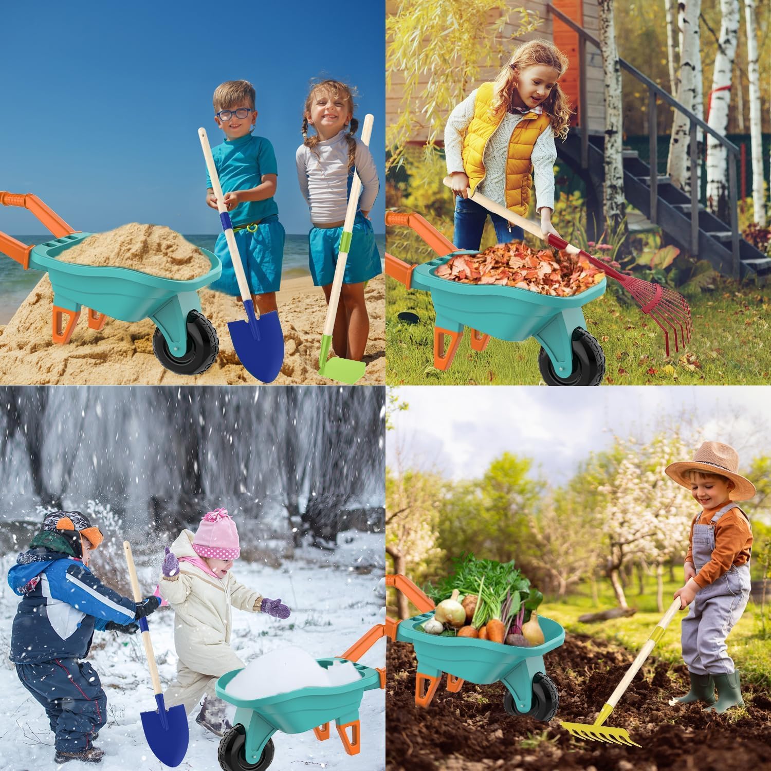 LATERN Juego de Herramientas de Jardinería para Niños, 70CM Carretilla con 70CM Metálica Pala Rastrillo Azada Hojas Rastrillo 20CM Pala Rastrillo Guantes para Exteriores Jardín Patio Césped Excavación