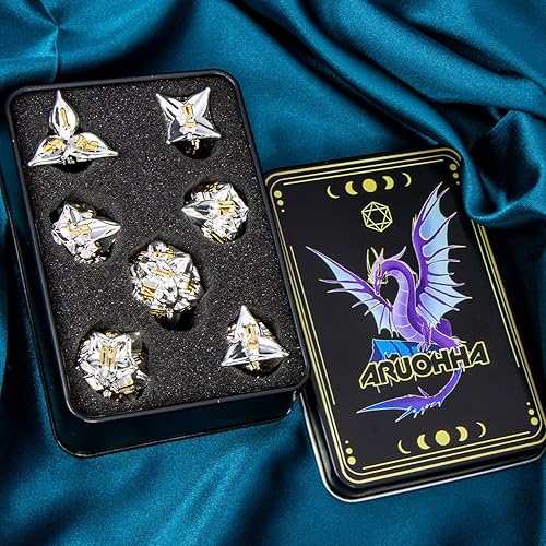 Miniatura 6 de ARUOHHA DND - Juego de dados de metal con diseño de números dorados de hoja plateada, dados poliédricos con caja, 7 dados D y D, juegos de rol D20